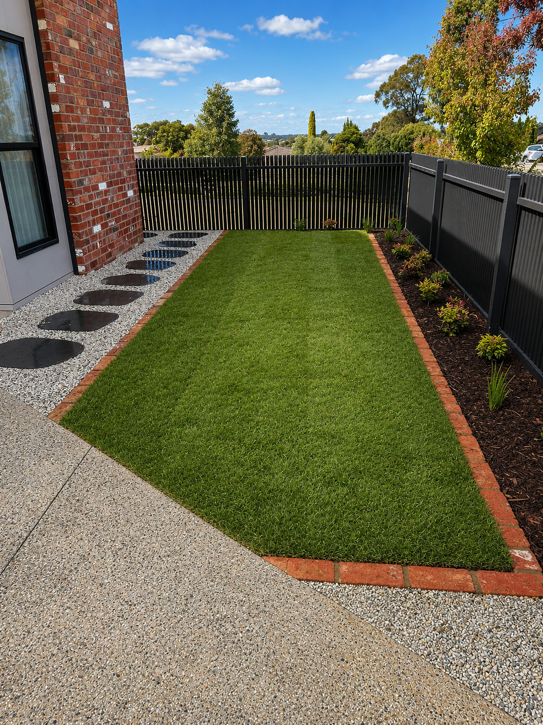 Landscaped front yard with new turf, recycled brick garden edging, stepping stones and planted garden beds.