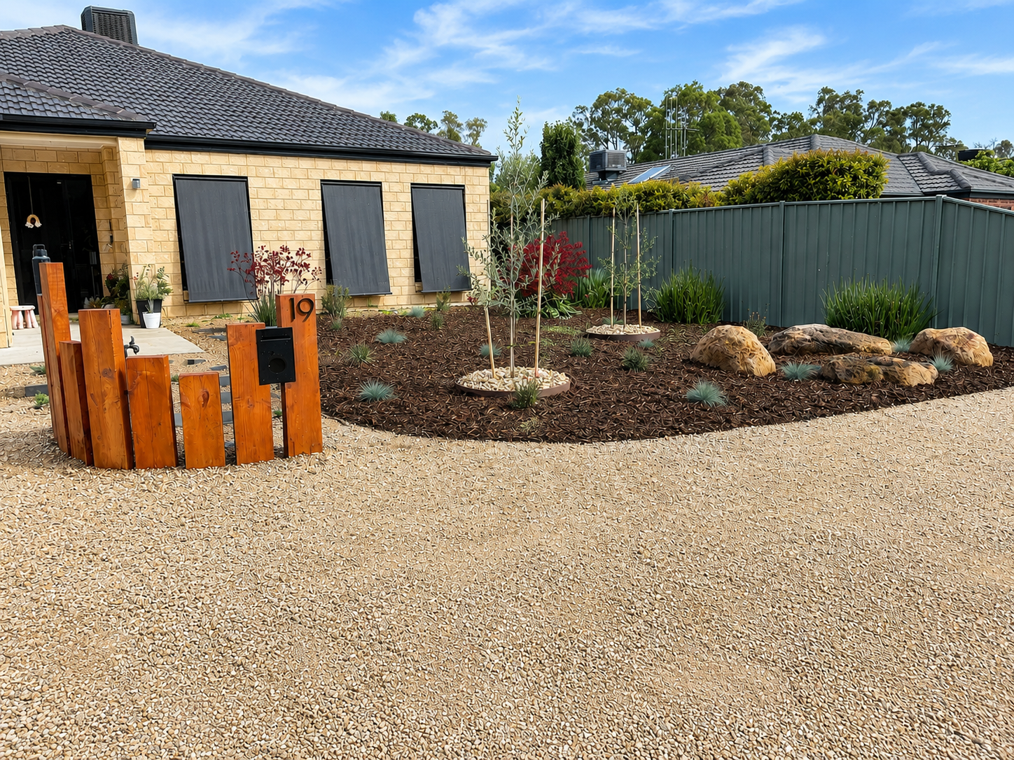 Low-maintenance front garden with native planting, feature rocks, mulch and gravel landscaping.