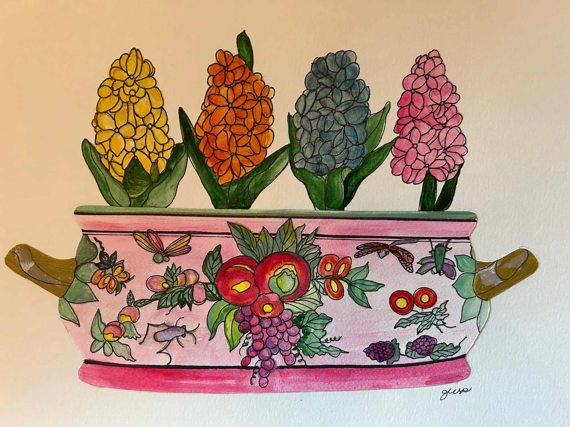An ink and watercolor drawing of four colorful hyacinths in a patterned handled pot.