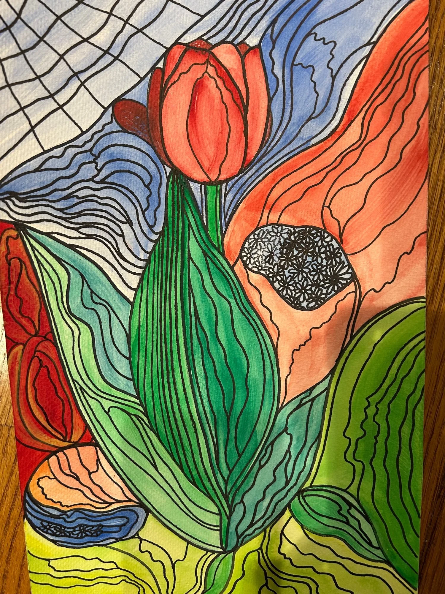 A red tulip surrounded by flowing blue, orange, and green lines in an ink and watercolor drawing.