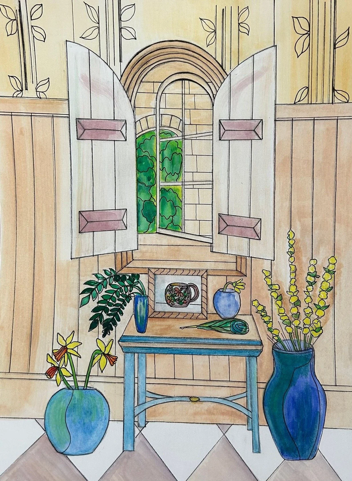 An ink and watercolor interior with an open arched window, blue vases, plants, and a small table.
