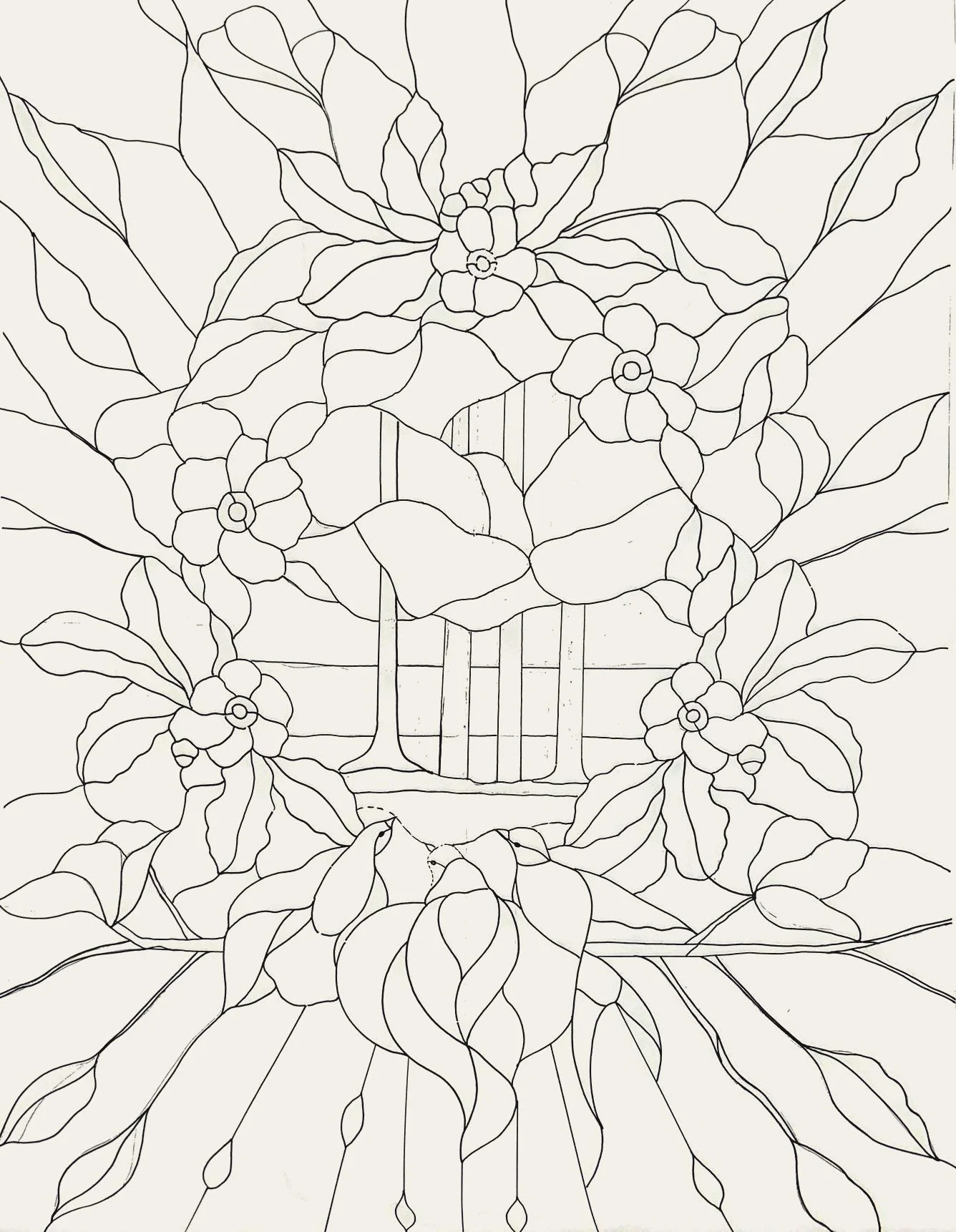 A full stained-glass pattern drawn on white paper, with a floral wreath and a central window motif.