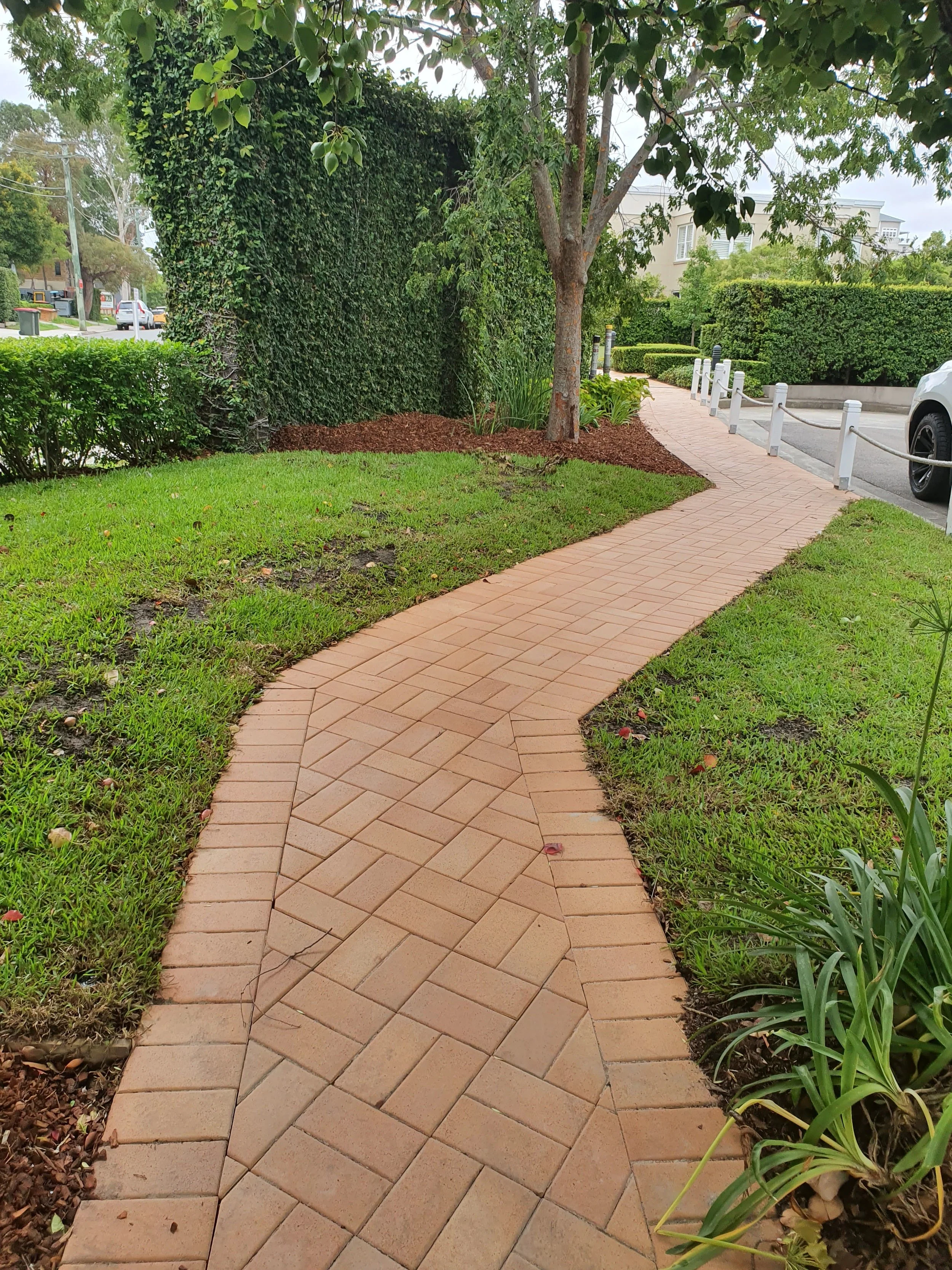 A paved sidewalk curves through a green yard with grass, plants, and trees, bordered by a white rope barrier and white posts along the street.