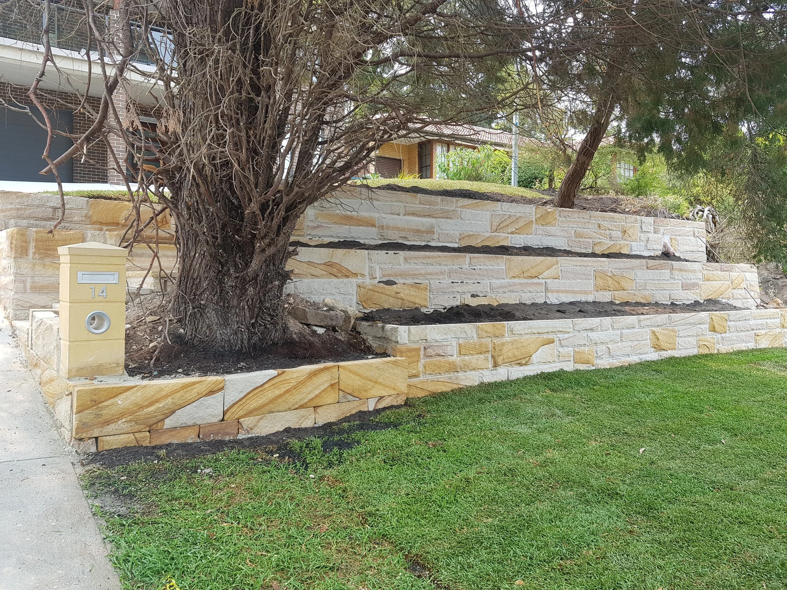 A tiered stone retaining wall with green grass in front and a large tree growing through it, including a beige mailbox with the number 14.