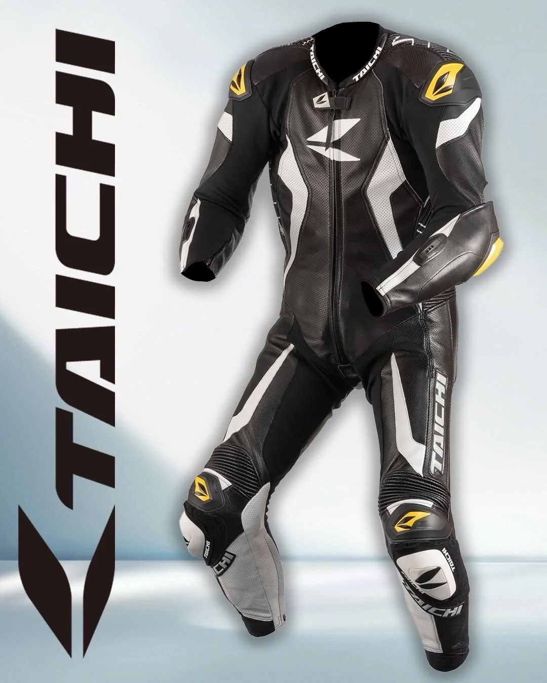 Black, white, and yellow motorcycle racing suit with armor pieces displayed on a light background with a company logo.