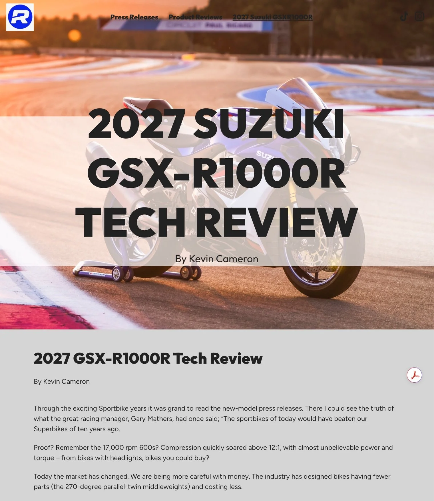 Cover page of a tech review article titled '2027 Suzuki GSX-R1000R Tech Review' by Kevin Cameron, showing a racing motorcycle on a track at sunset.