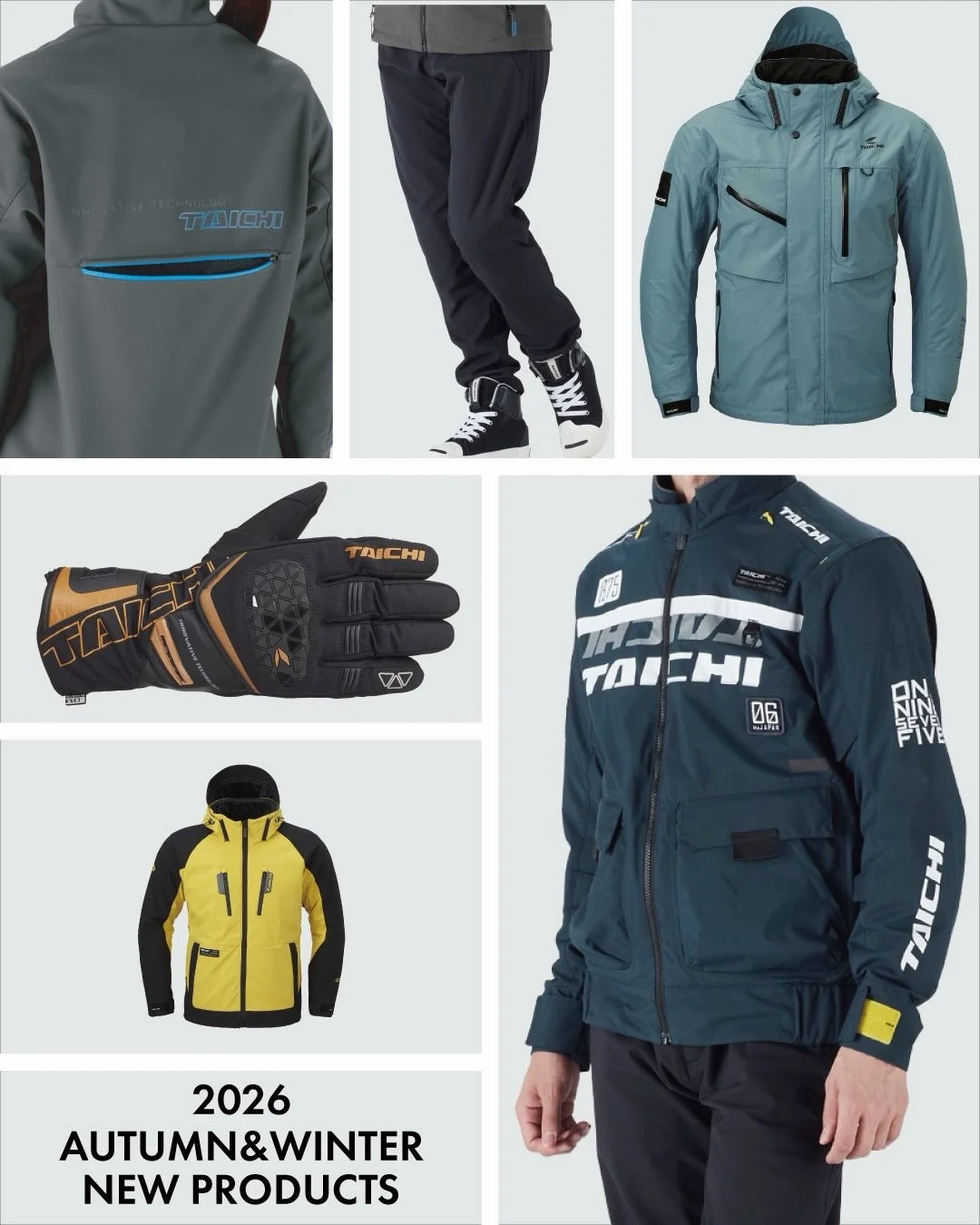 Collection of outdoor and sportswear clothing including jackets, pants, gloves, and a display of new products for autumn and winter 2026.