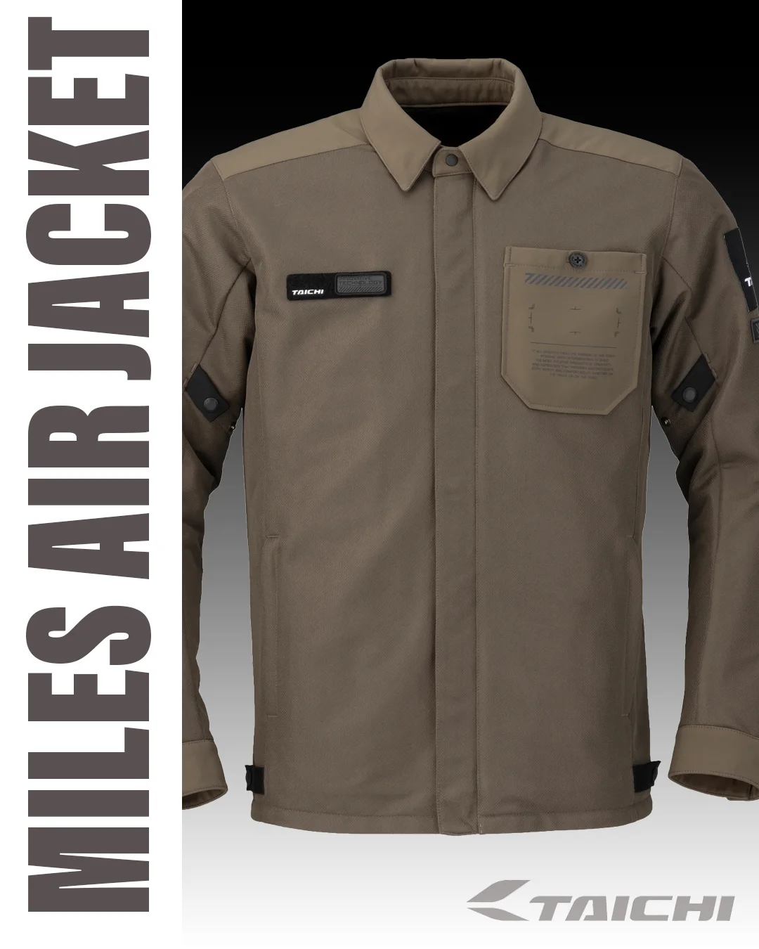 A beige tactical jacket with black patches on the shoulders and sleeves, featuring various patches and labels, including a name tag reading 'TAICHI' and a pocket on the chest, against a dark background.