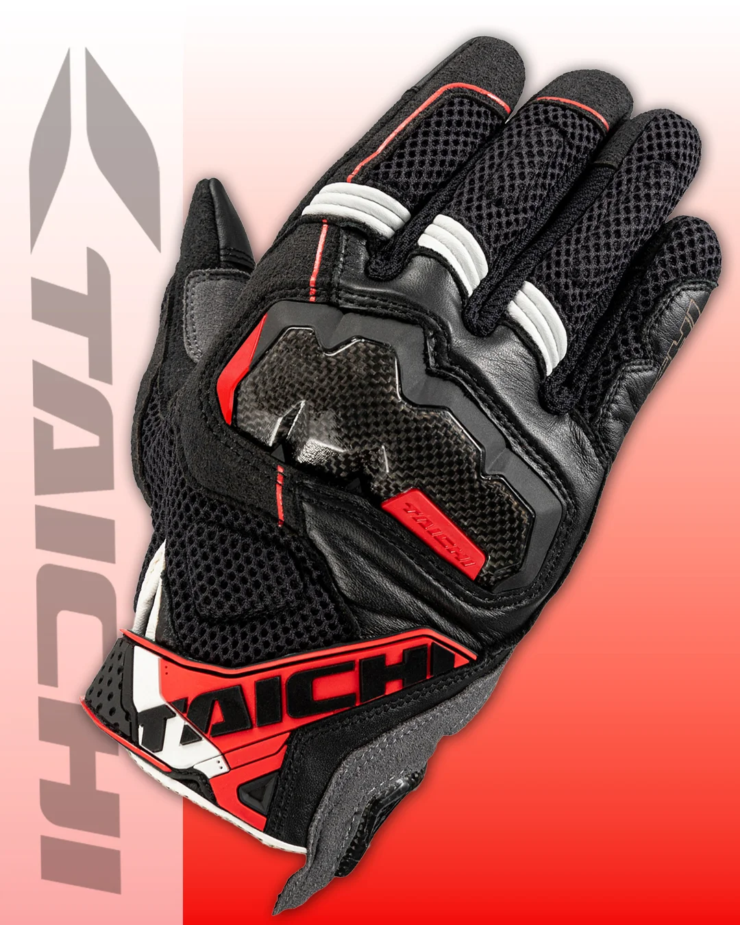 Close-up of a black and red motorcycle glove with carbon fiber details and brand logos, displaying protective features.