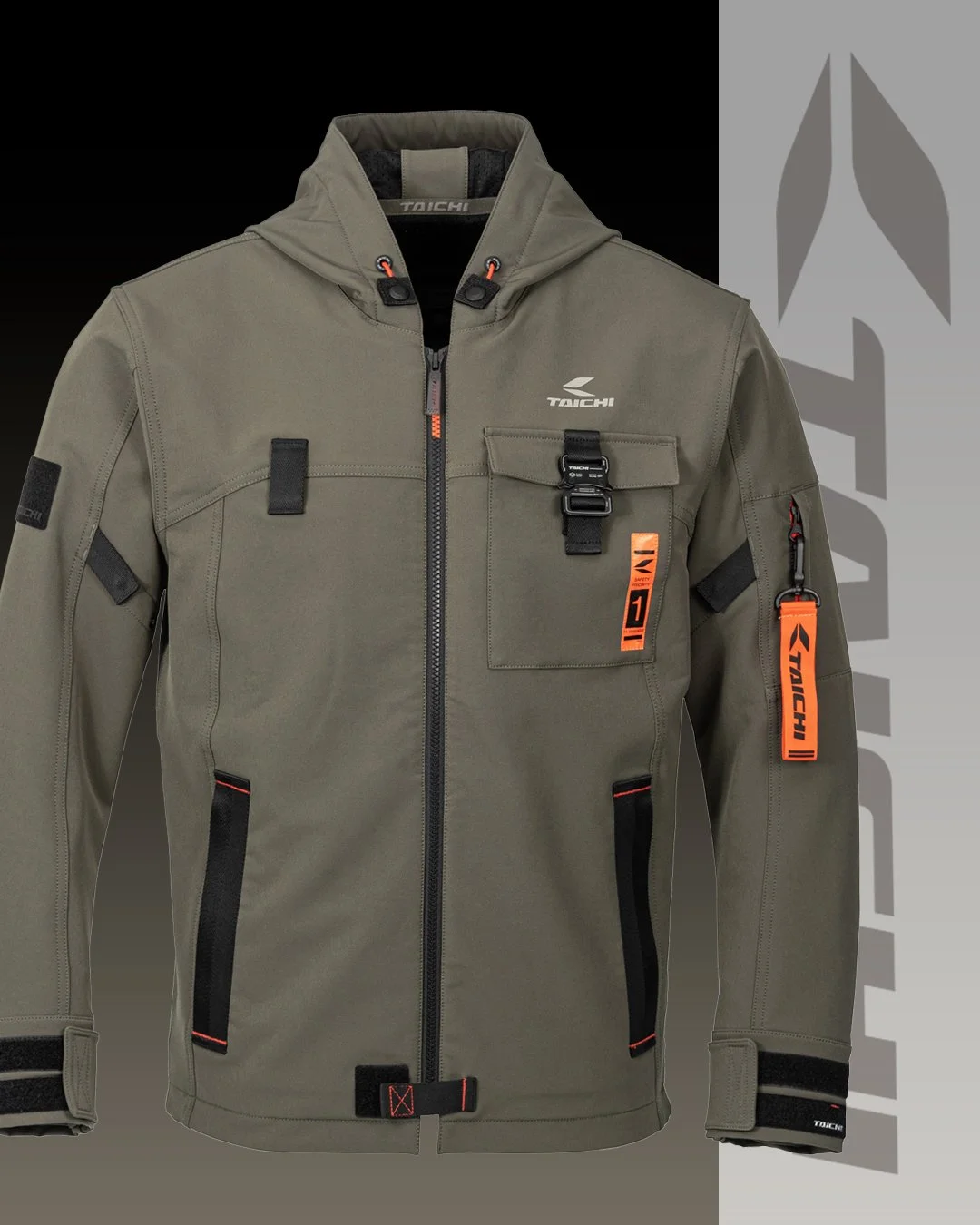 A taupe-colored tactical jacket with multiple pockets, zippers, and Velcro patches, featuring black and orange accents, displayed against a black and gray background.