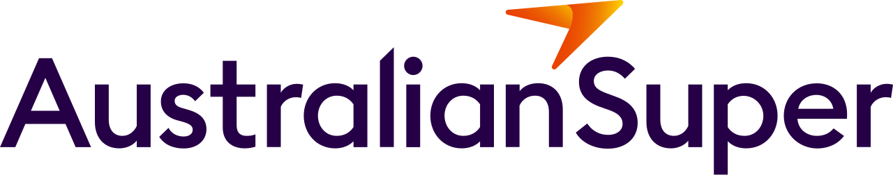 Australian Super logo with purple text and an orange and yellow stylized lightning bolt above the text