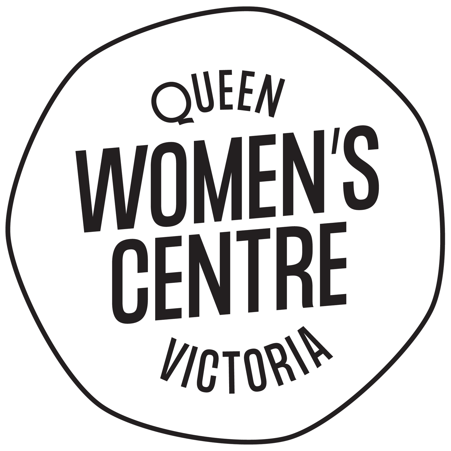 Logo for Queen Women's Centre in Victoria, featuring bold black text on a white circular background.