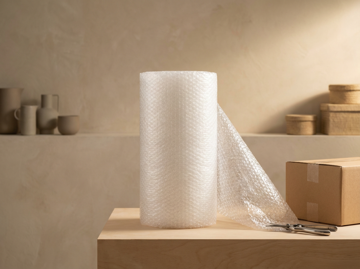 A large roll of bubble wrap on a wooden table with scissors and a cardboard box, in a neutral-toned room with decorative ceramics and baskets in the background.