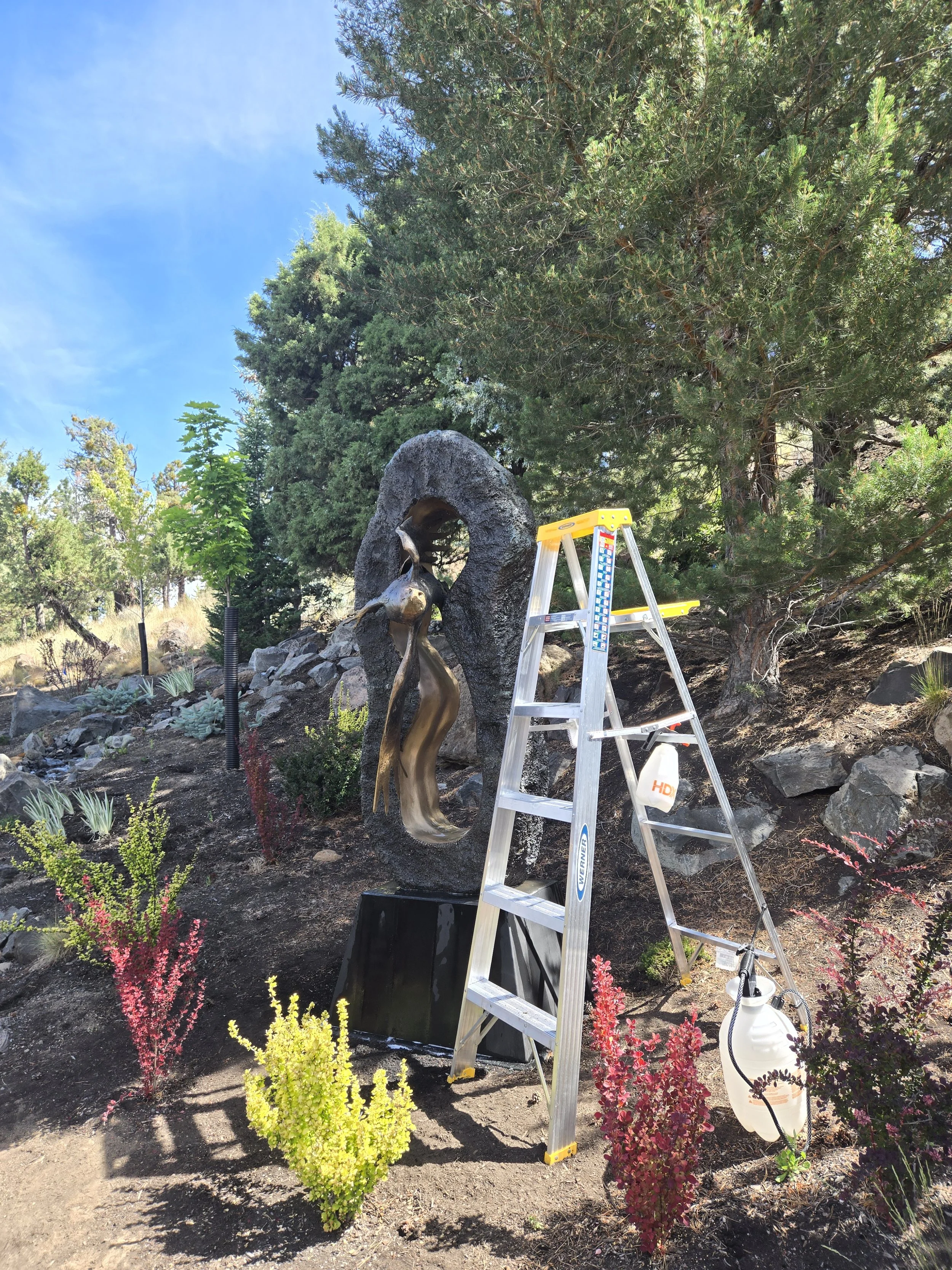 Large bronze eagle sculpture being cleaned and waxed.