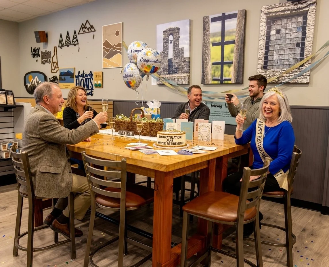 A group of six adults enjoying a retirement party in a cozy restaurant or cafe. They are sitting around a wooden table with balloons, cards, and a cake celebrating Jane's retirement. Everyone is smiling and toasting with drinks, with decorations on the wall behind them.