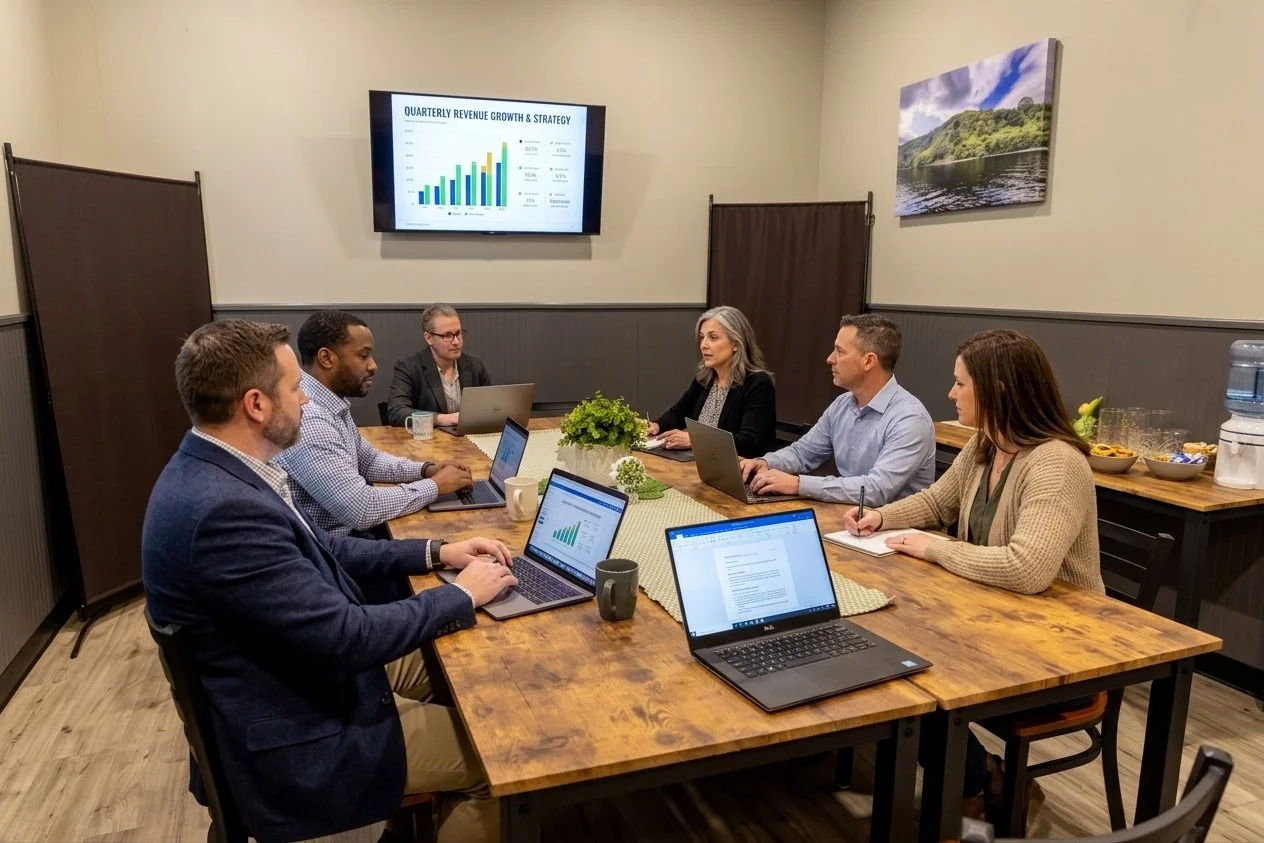 Business meeting with seven people around a wooden table, some using laptops, in a conference room. A presentation slide on quarterly revenue growth is displayed on the wall, and a landscape photograph decorates the room.