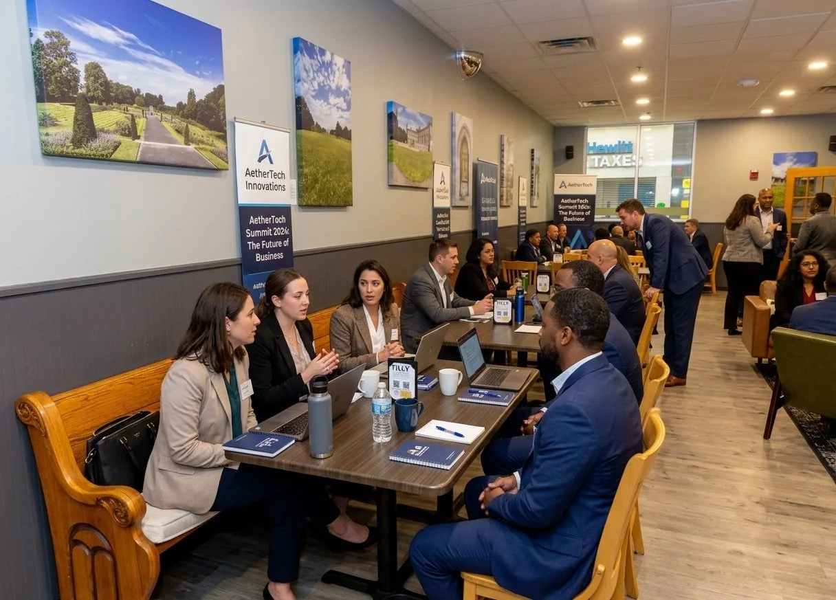 Business people sitting at a long table in a conference room, engaged in discussions. Some individuals are using laptops, with banners on the wall reading "AetherTech Innovations" and "AetherTech Summit 2022: The Future of Business." The room has wooden flooring, framed landscape photos on the wall, and in the background, some people are standing and talking near the entrance.