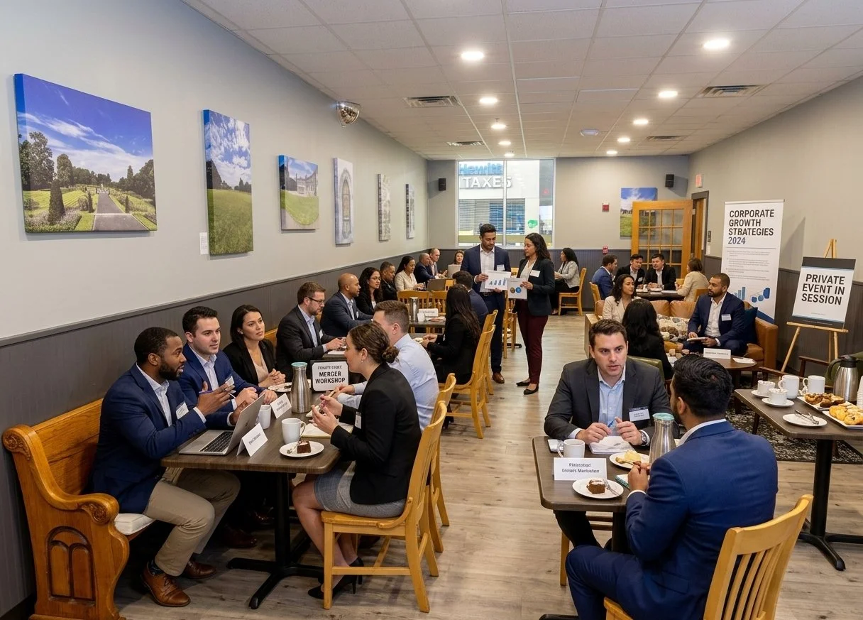 Business professionals attending a conference or workshop in a well-lit room with artwork on the walls, seated at tables with name placards, food, and drinks, engaged in conversations and networking.