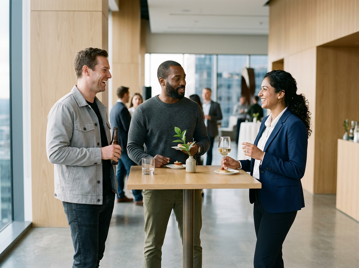 Three people having a conversation at a cocktail party in an office building, holding drinks and smiling.