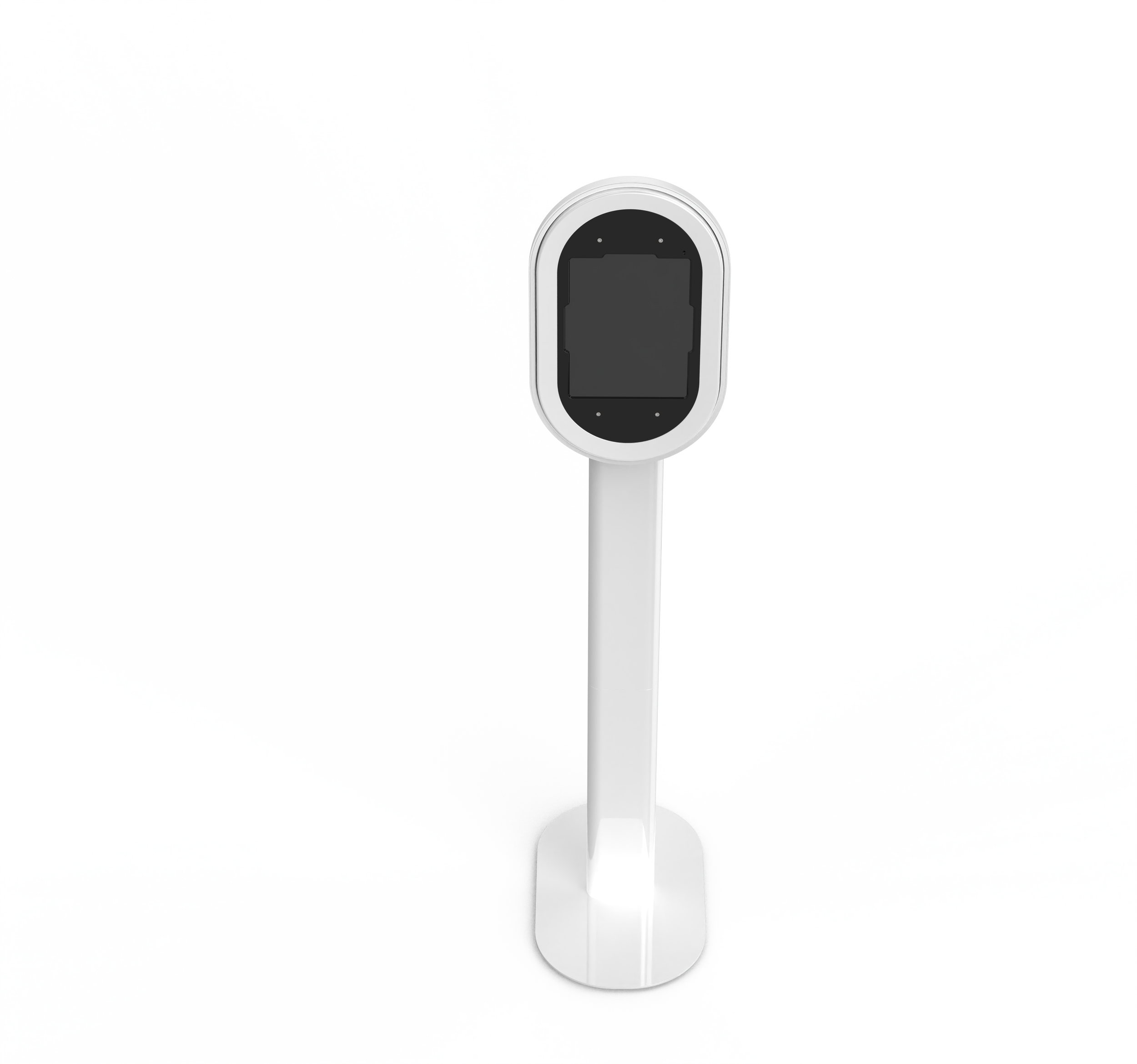 A white, oval-shaped electronic device mounted on a white pole, set against a plain background.