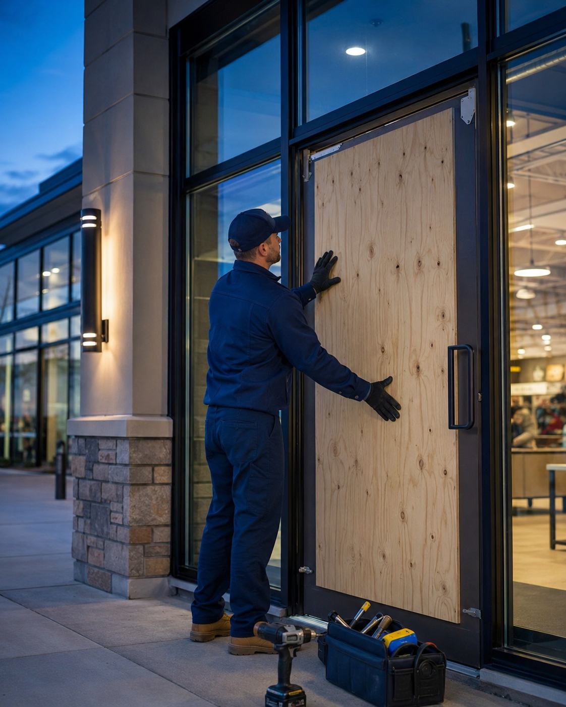 Technician securing a damaged commercial storefront entrance