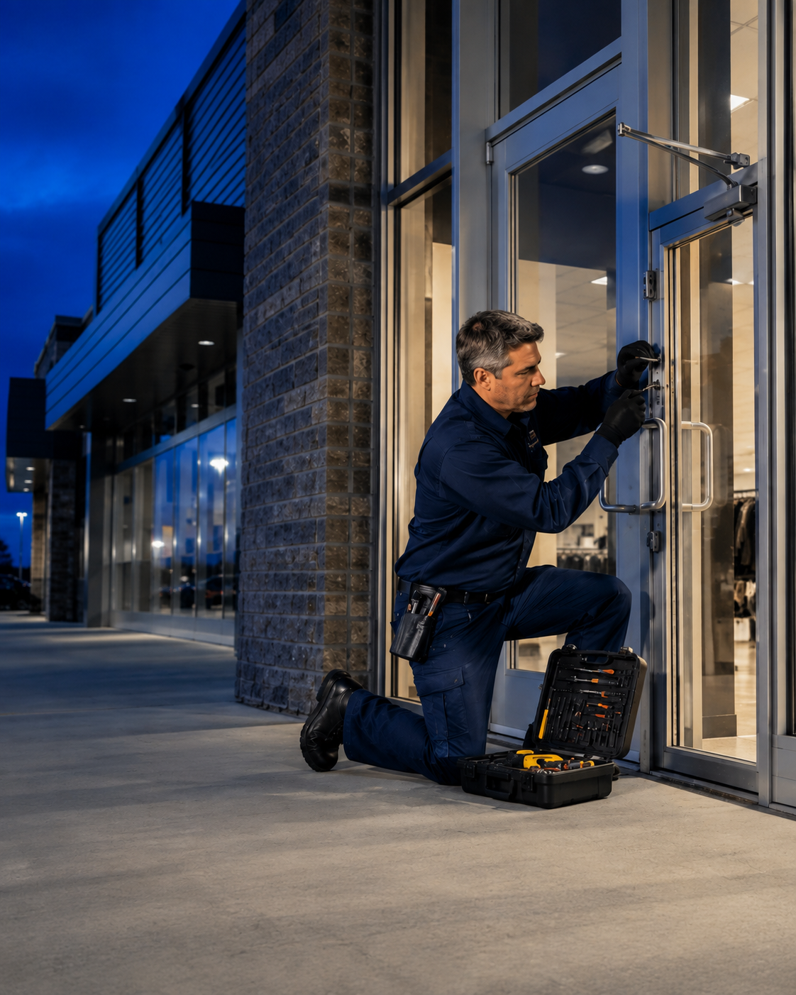 Commercial storefront technician servicing entry door hardware