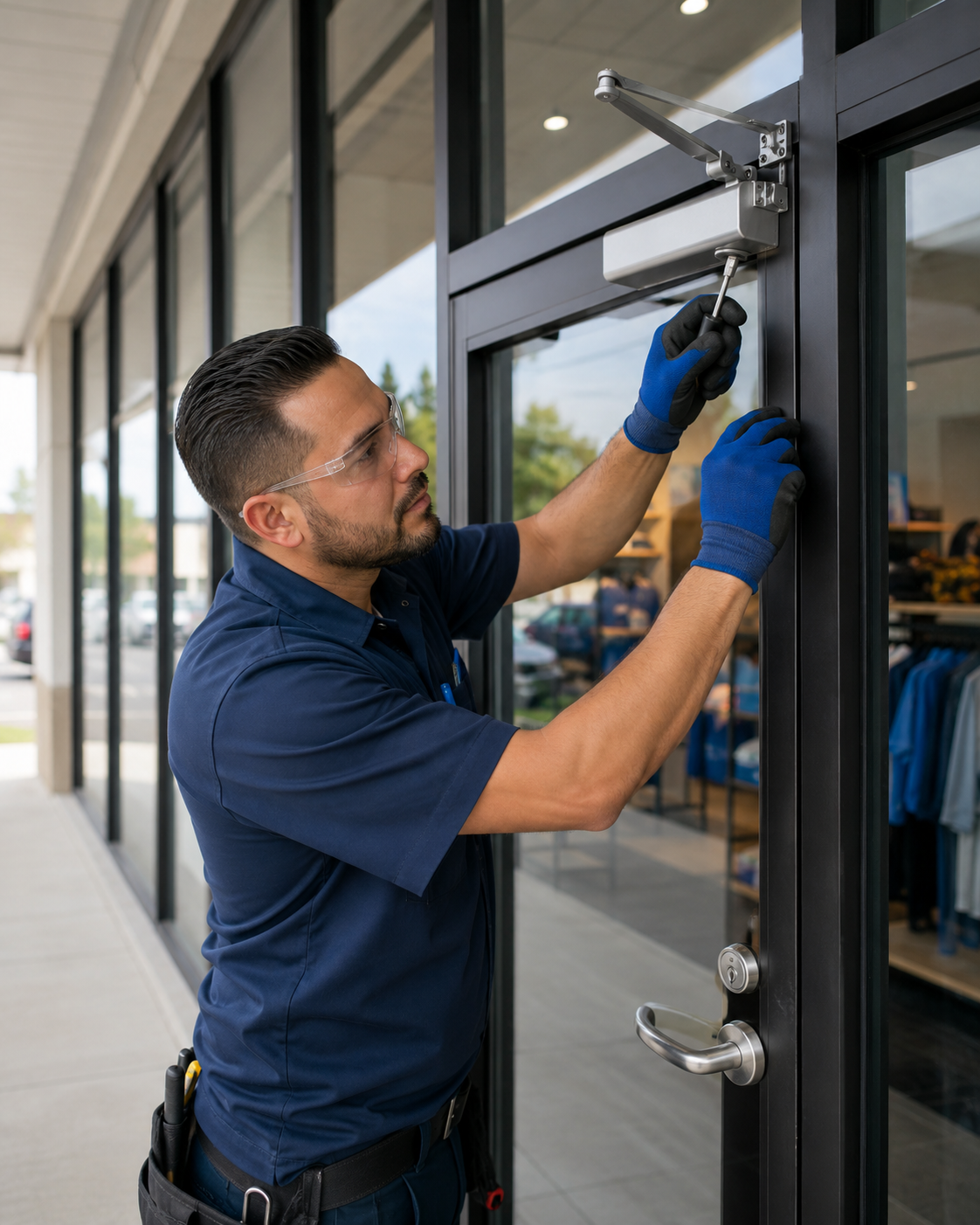 Technician adjusting commercial storefront door closer and lock hardware