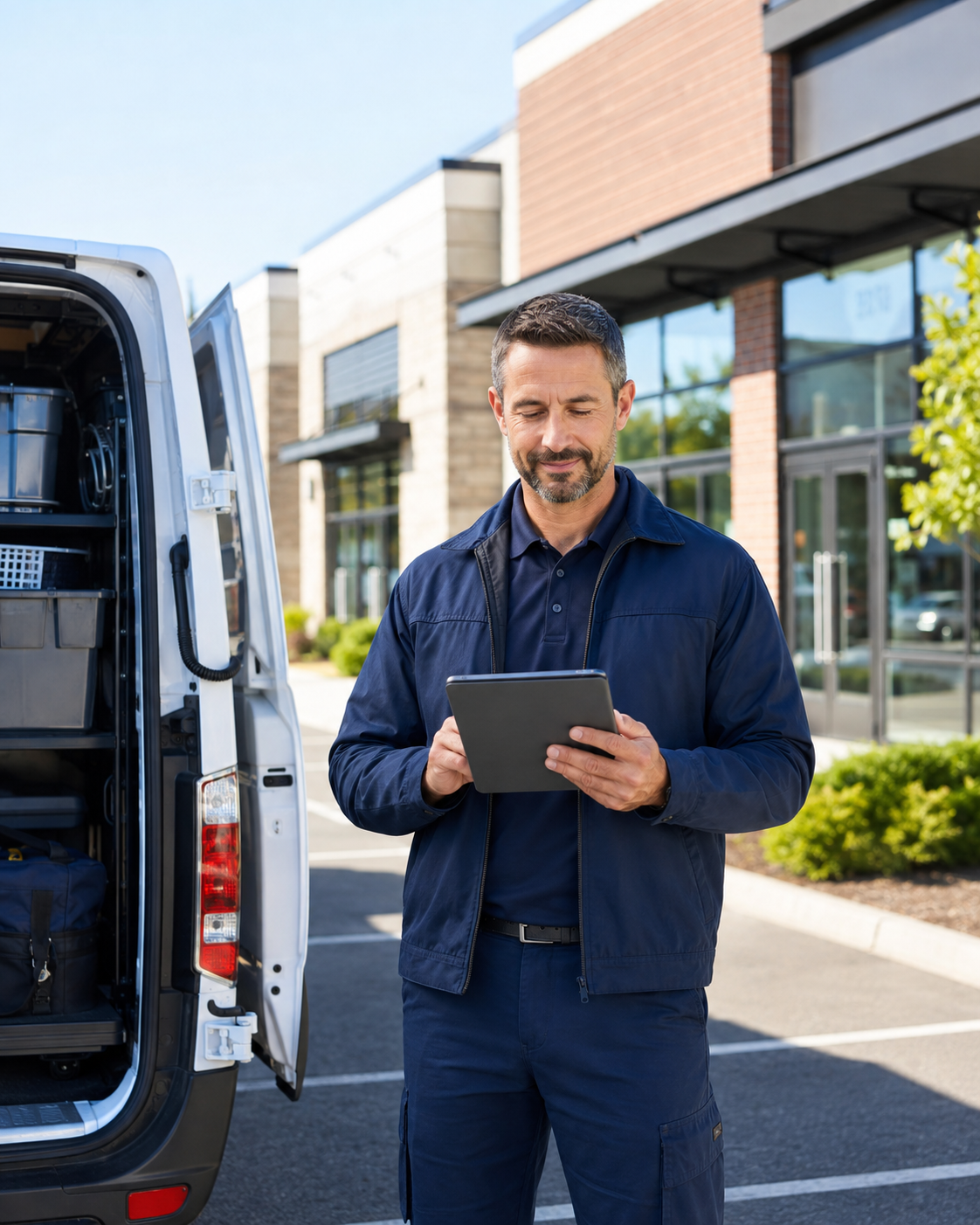 Commercial facility service professional reviewing a work order