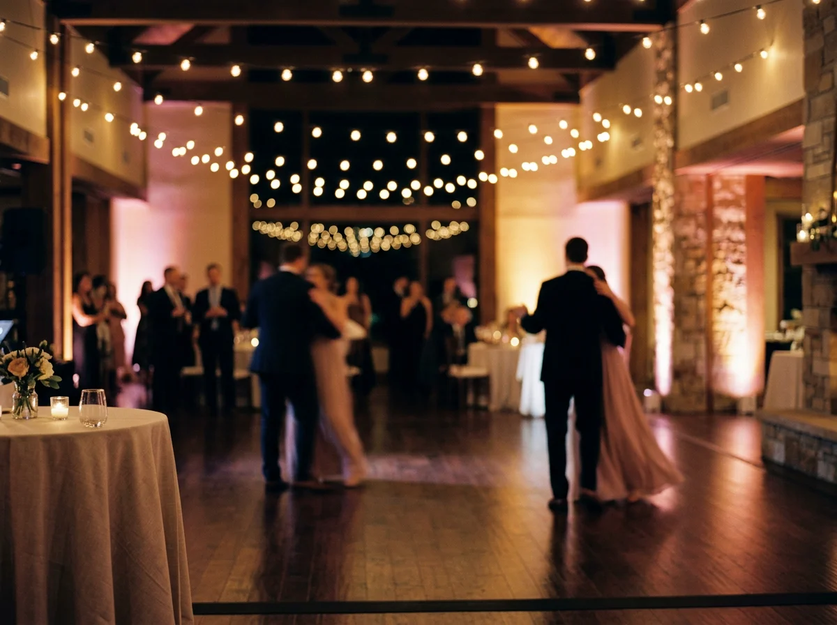 Wedding reception with dancing guests, string lights overhead, candles on tables, and a romantic ambiance in a rustic venue.