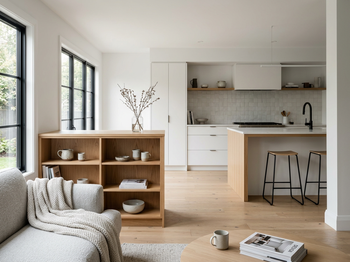 Bright, modern kitchen with white cabinets, a wooden island, and bar stools, adjacent to a living area with a beige sofa and a wooden bookshelf.