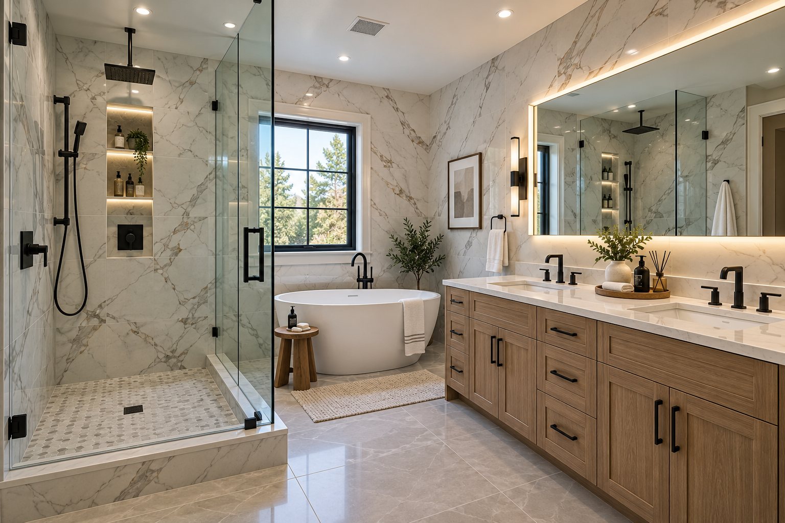 Modern bathroom with marble walls and floor, glass-enclosed shower with black fixtures, a white bathtub by a window, and a large wooden vanity with double sinks and black hardware, decorated with plants and artwork.