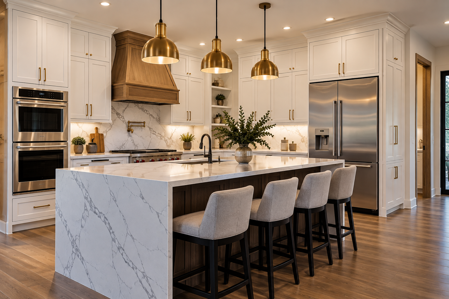 Modern kitchen with white cabinets, marble countertops, and a large central island with barstools. Features gold pendant lights, stainless steel appliances, and wooden accents.
