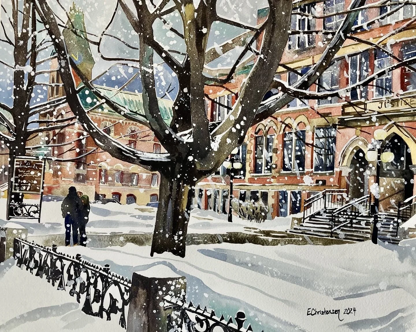 When the snow falls thick and silent... other people all stay hidden. 2024. Watercolour on paper. 