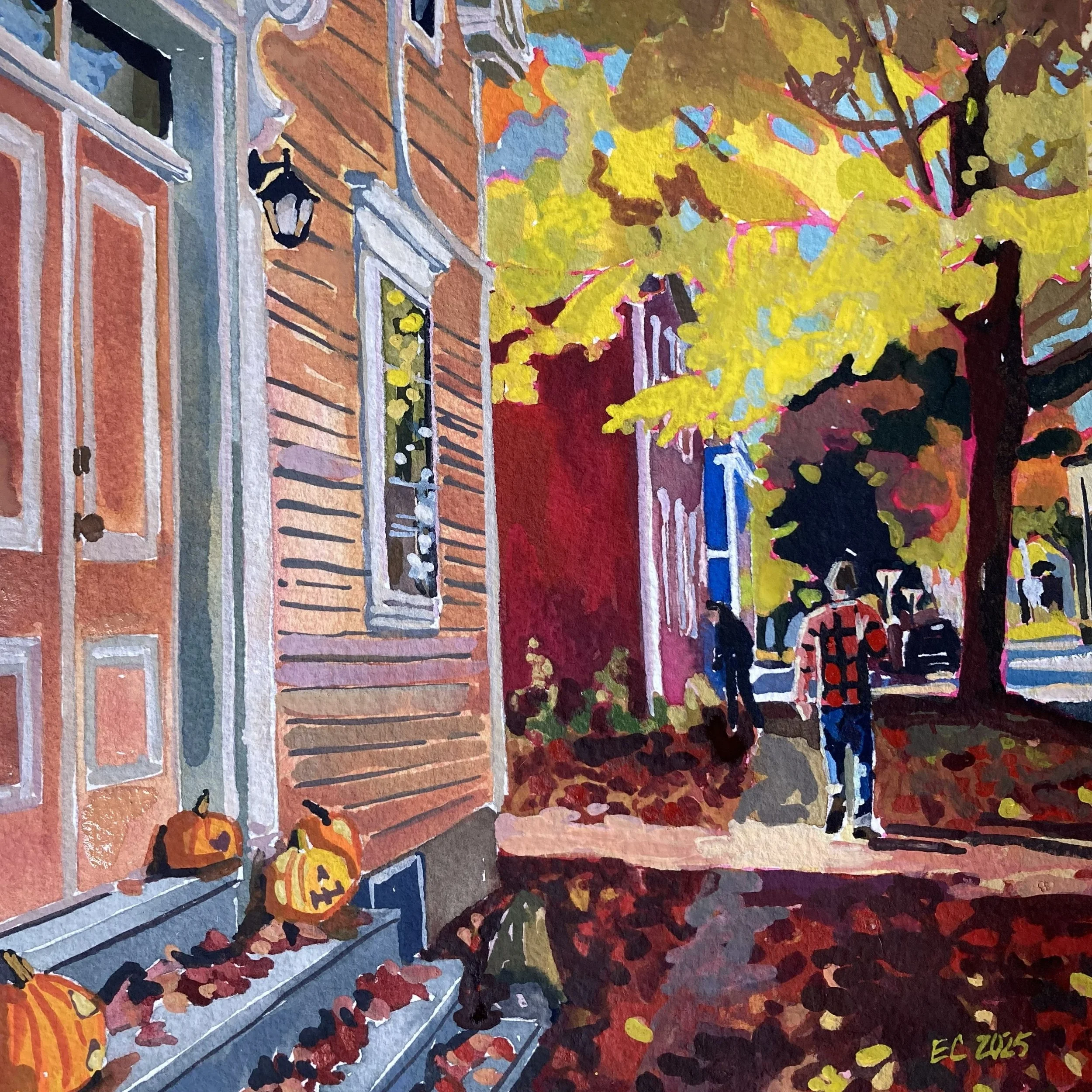 Saturday morning sidewalk. 2025. Gouache on paper. 