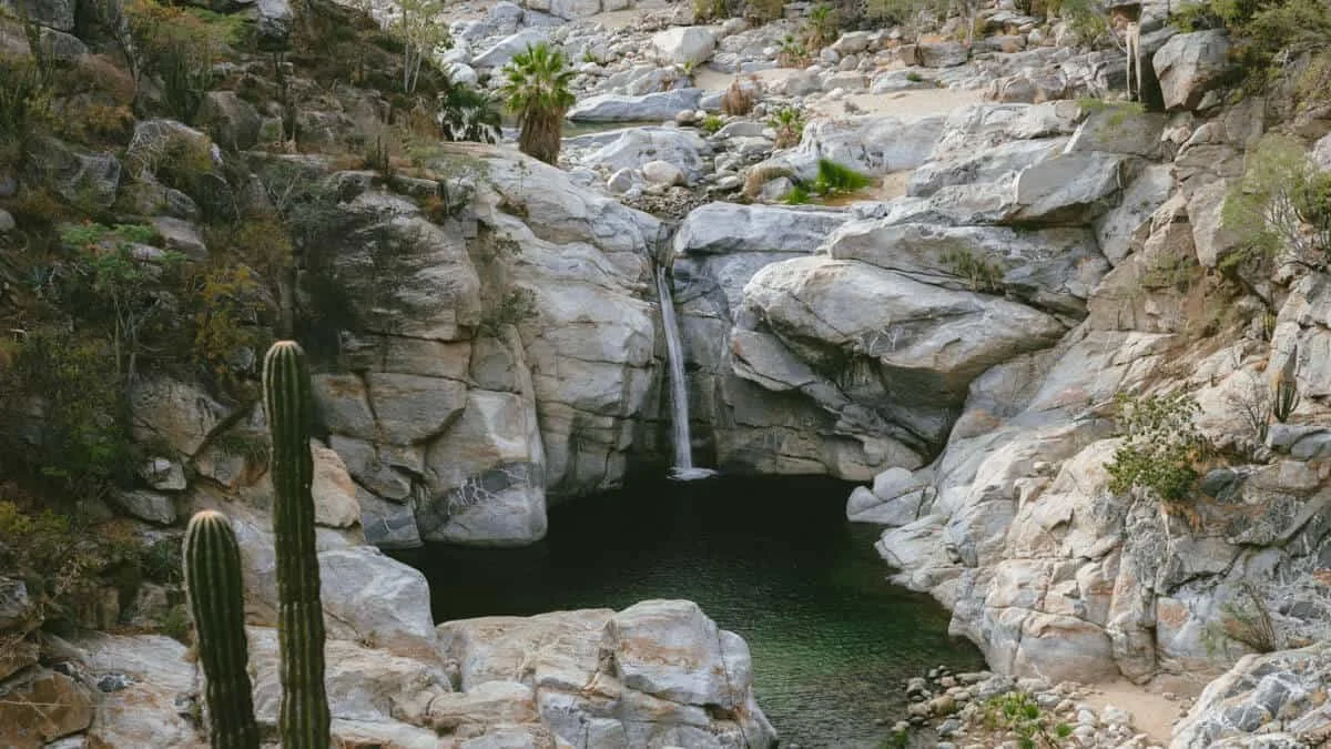 Small waterfall in a rocky desert landscape with cacti and sparse vegetation.