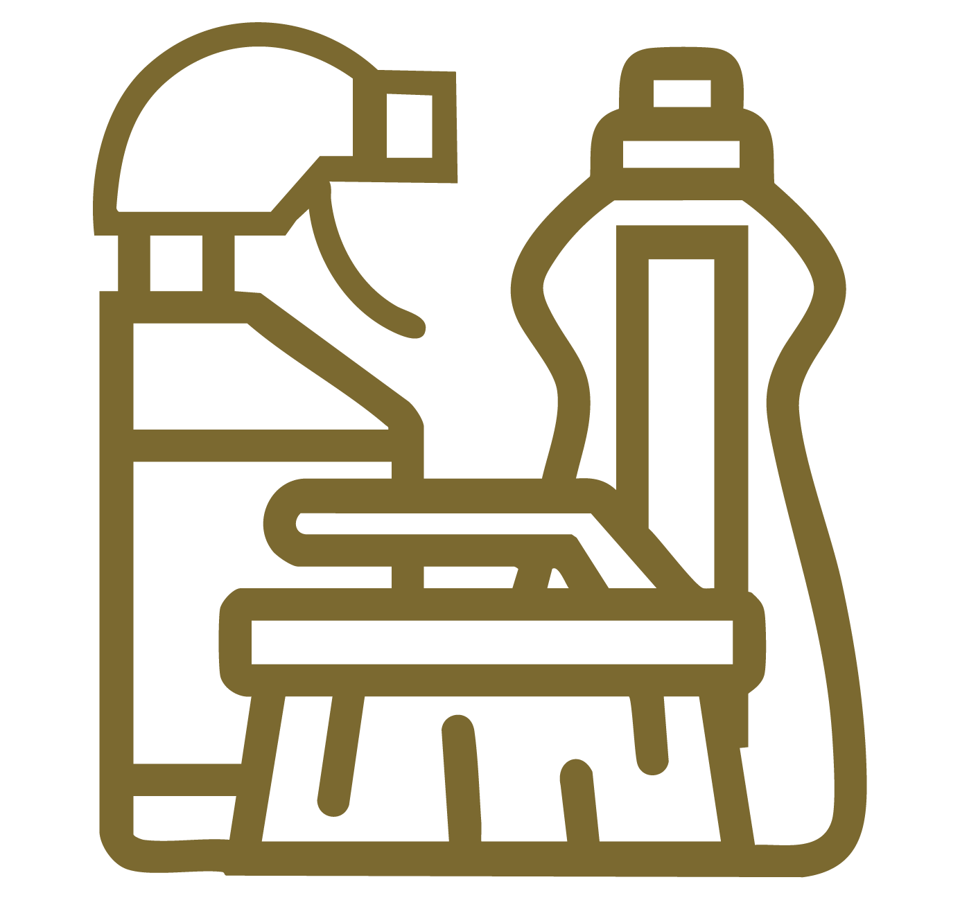 Outline illustration of cleaning supplies, including a spray bottle, brush, and detergent container.