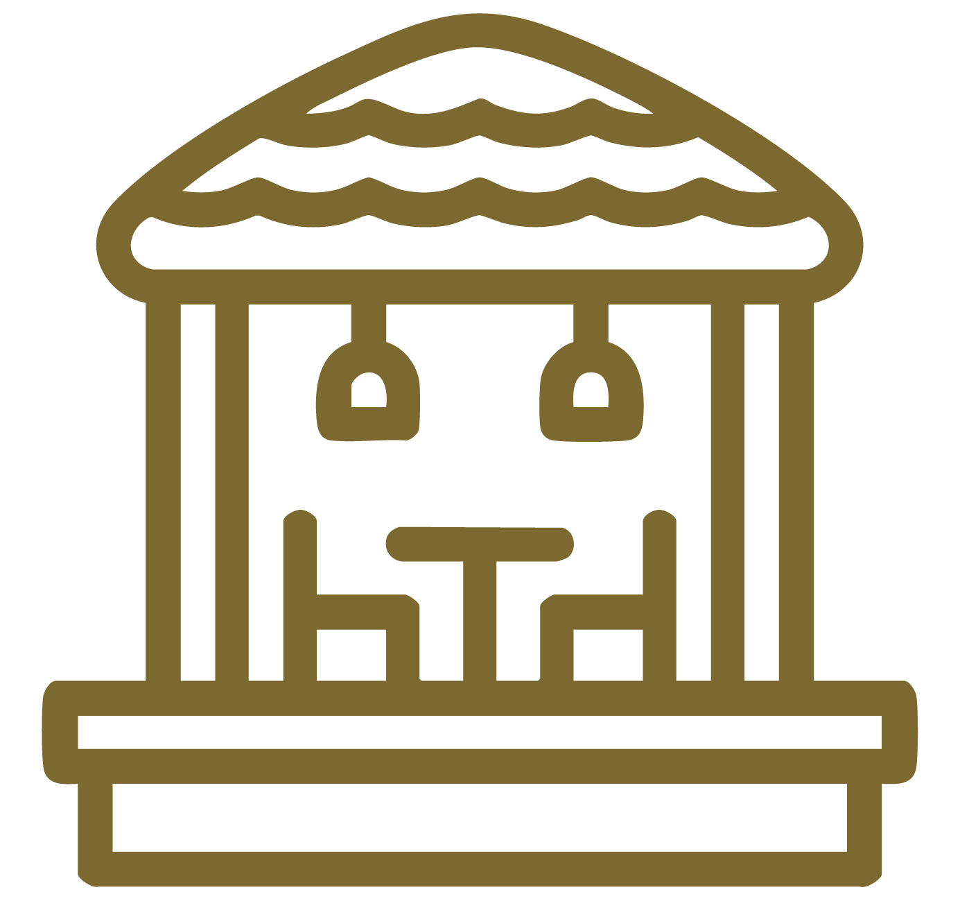 Outline of a gazebo with a table and two chairs under hanging lights.