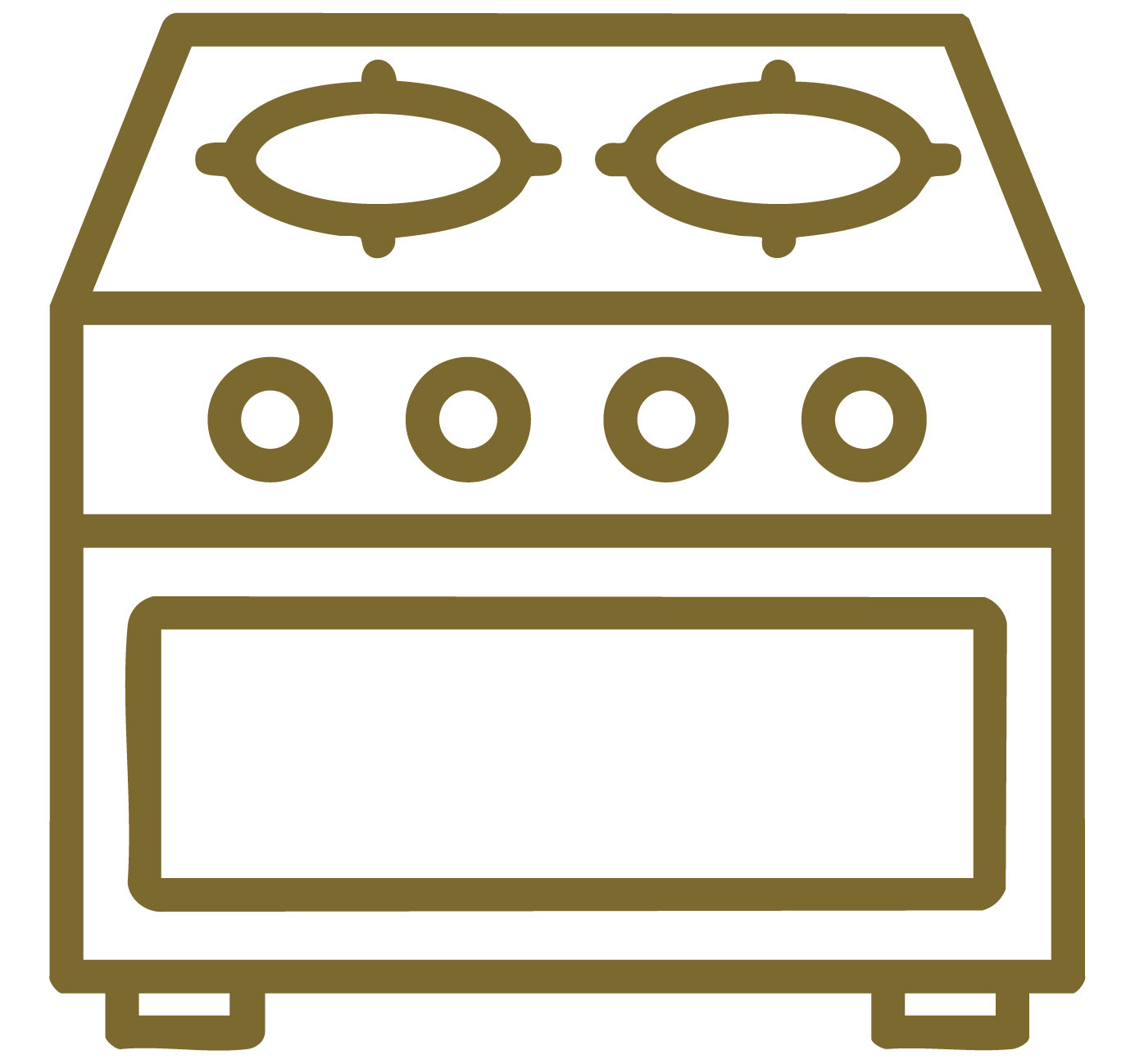 Illustration of a stove and oven with two burners and four control knobs.