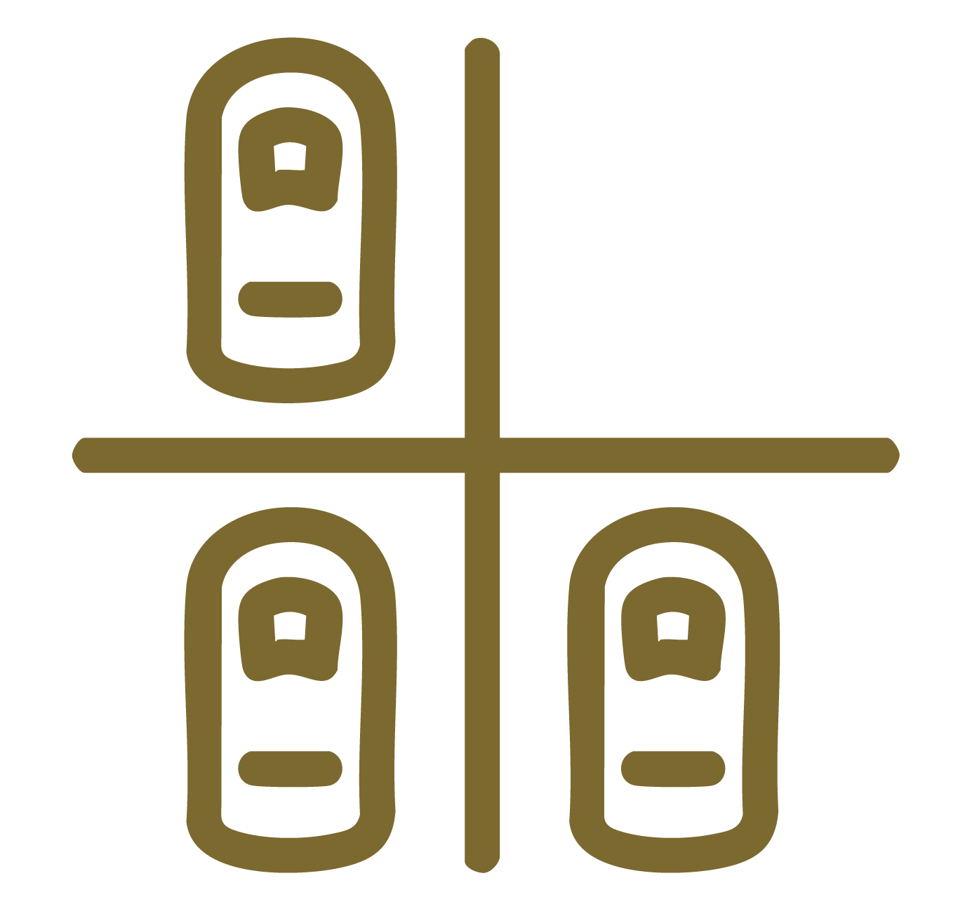 Four stylized vehicle footprints arranged in a quadrant pattern with lines intersecting in the center, resembling a crossroad or intersection symbol.