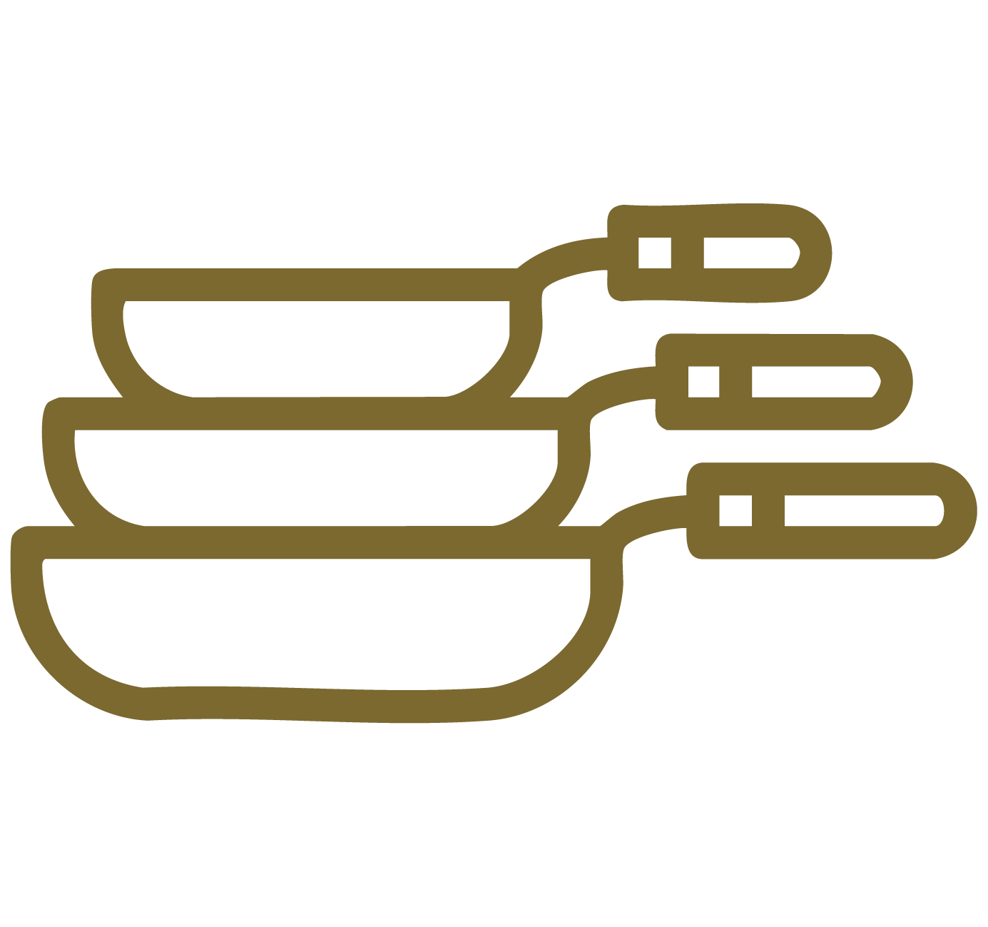 Outline of three stacked frying pans with handles pointing to the right.