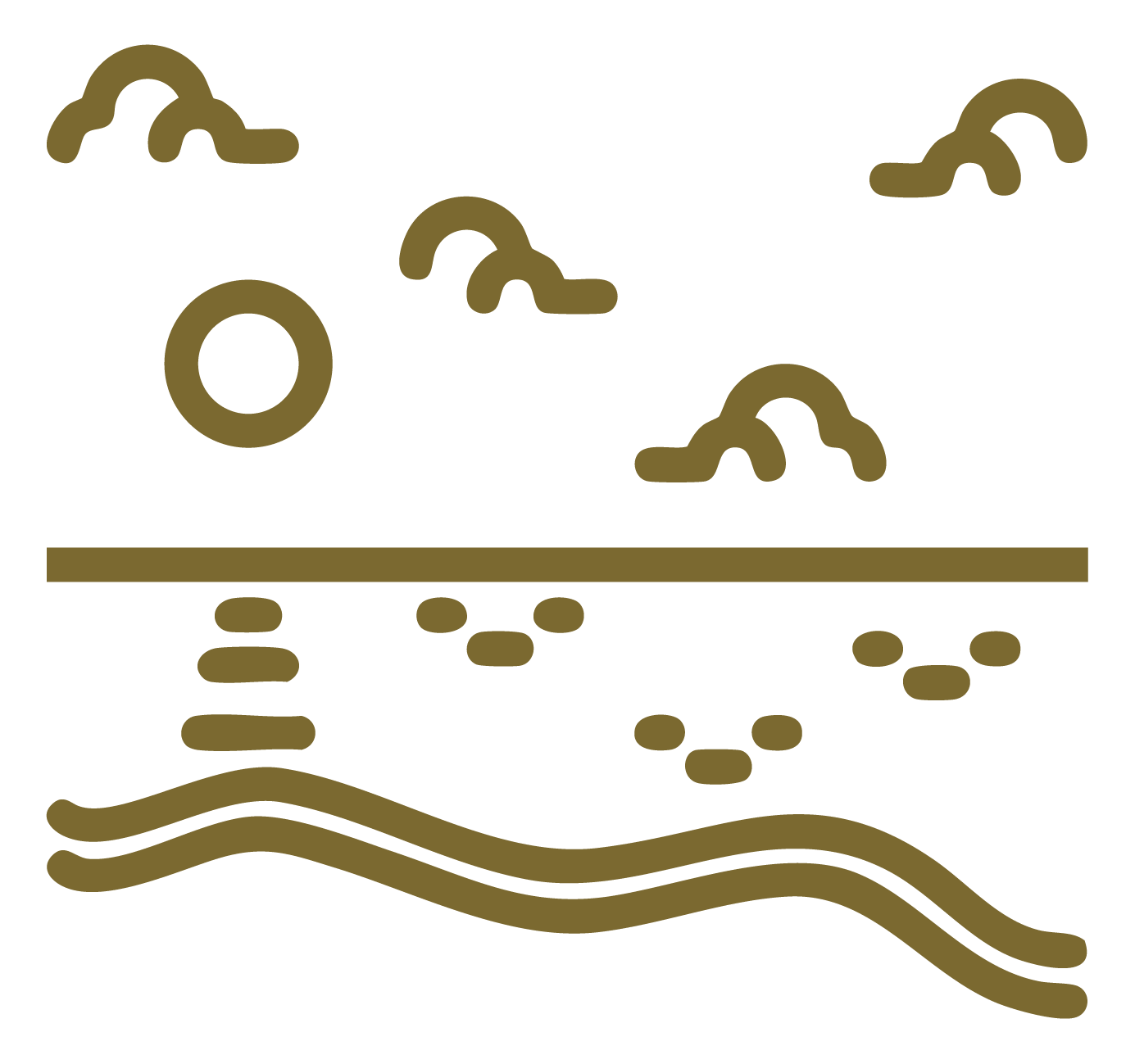 Minimalist landscape icon with sun, clouds, horizon, and waves.