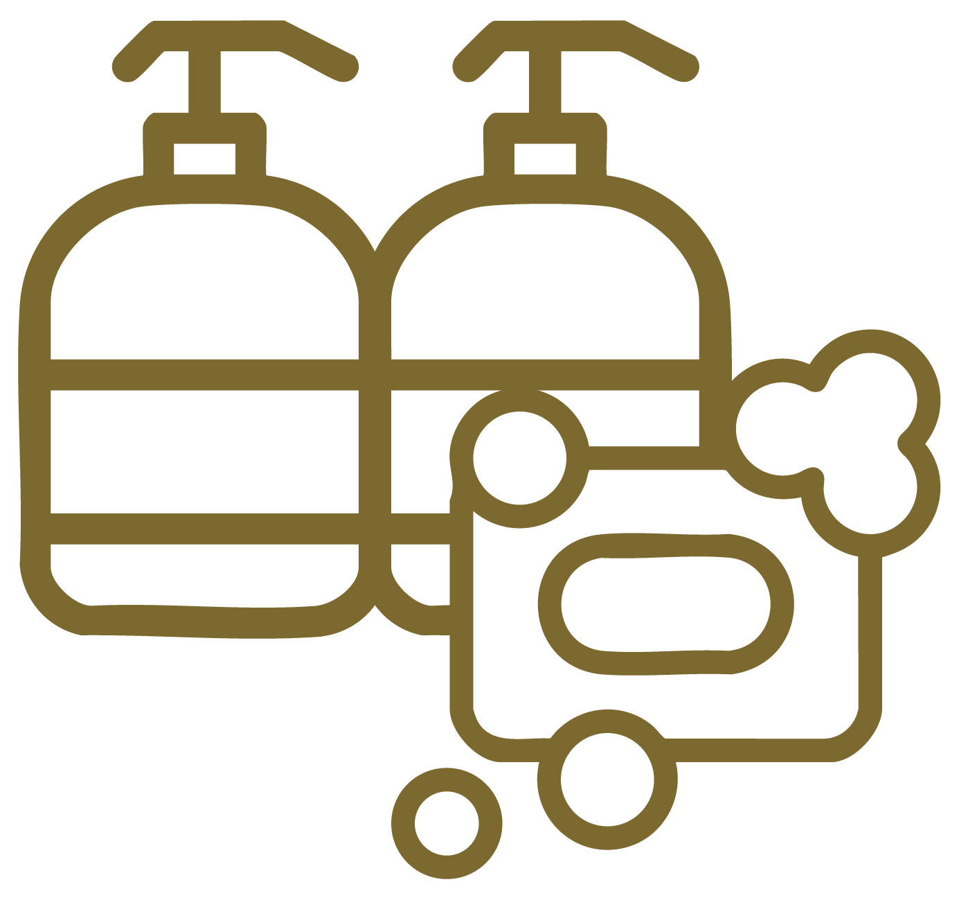 Illustration of two pump bottles with soap bar and bubbles.