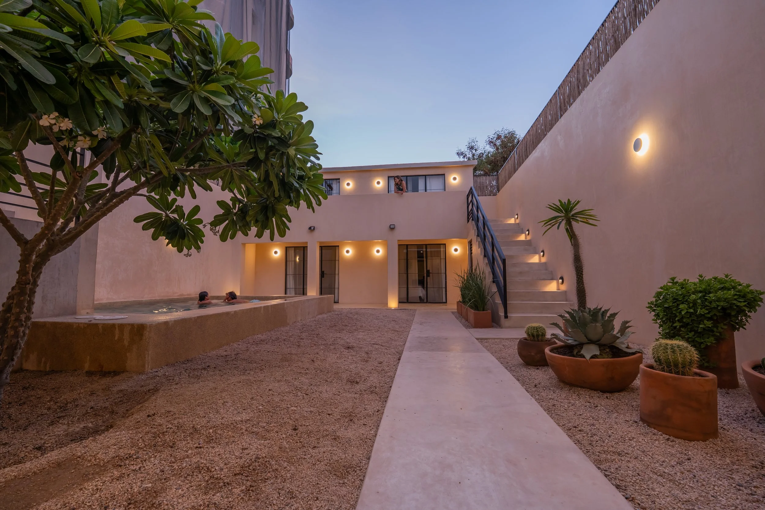 A modern courtyard with potted cacti and succulents, a tree with large leaves, outdoor lighting, a staircase, and a woman on the balcony of a white building during dusk.