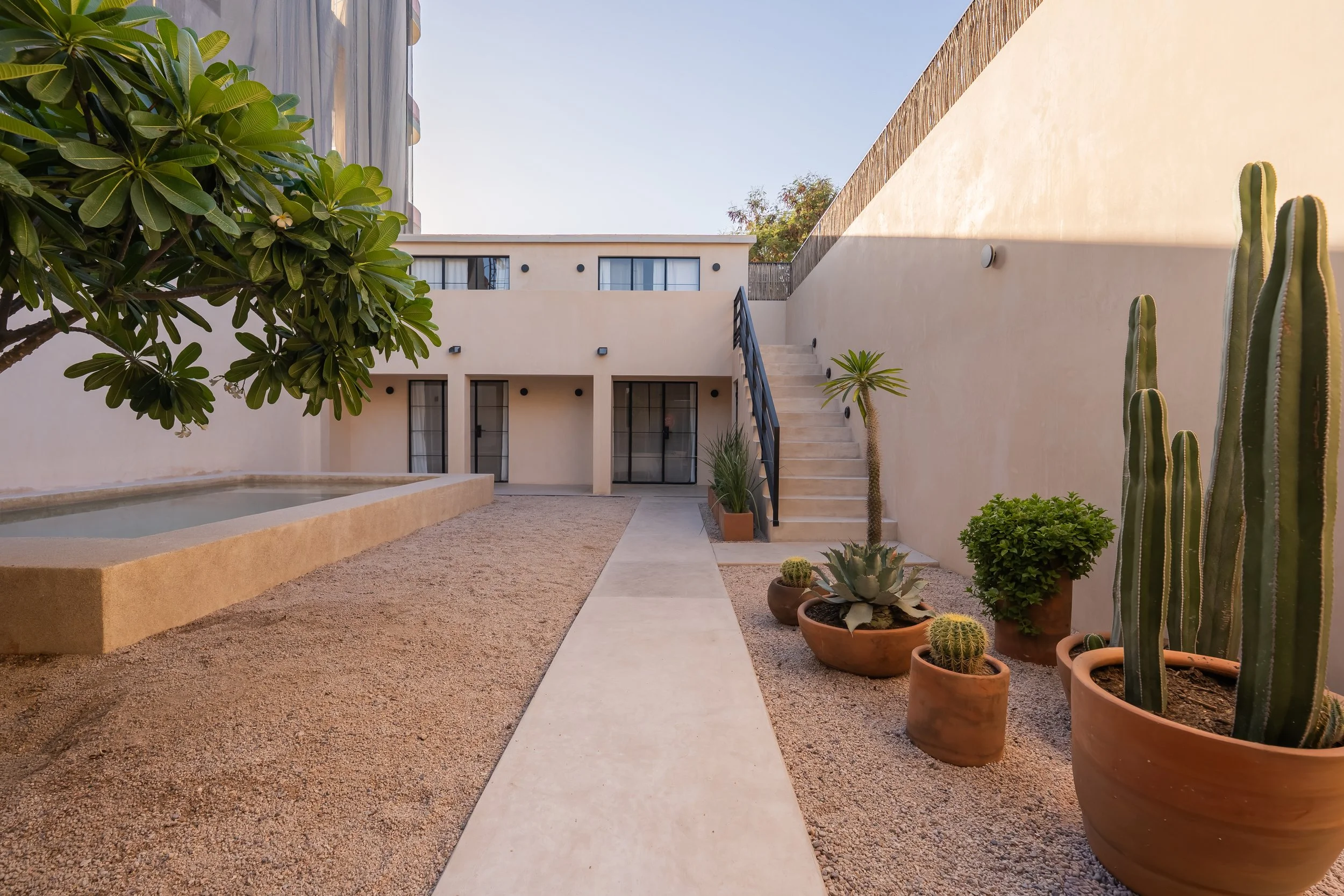 Exterior view of a modern residential building with potted cacti and other desert plants in the courtyard, featuring a minimalist design with clean lines, beige walls, and outdoor stairs.