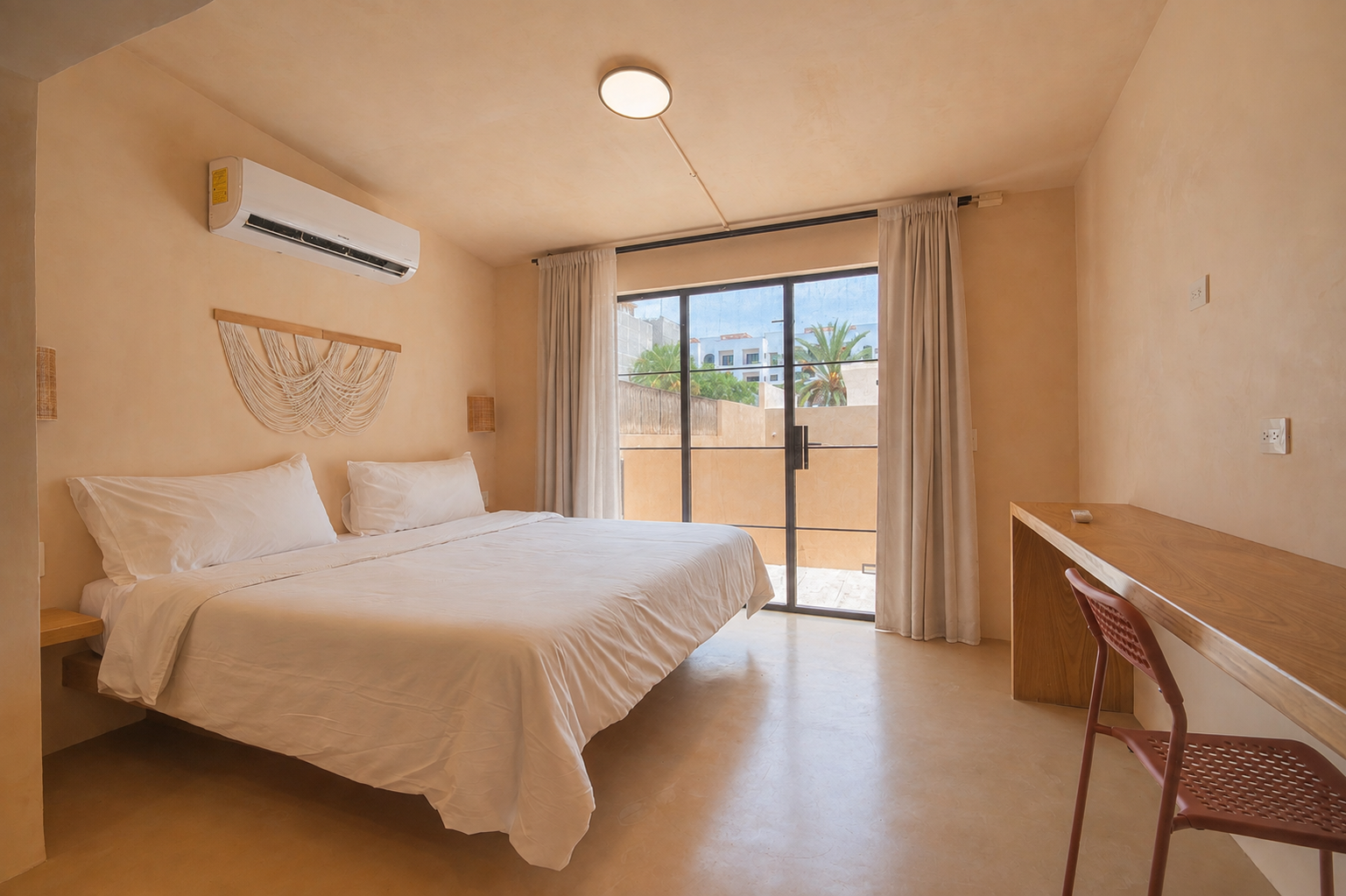 A hotel room with a large bed, white bedding, and two pillows. There is a wooden desk with a pink chair, large sliding glass door with curtains, and a balcony with a view of palm trees and buildings outside.