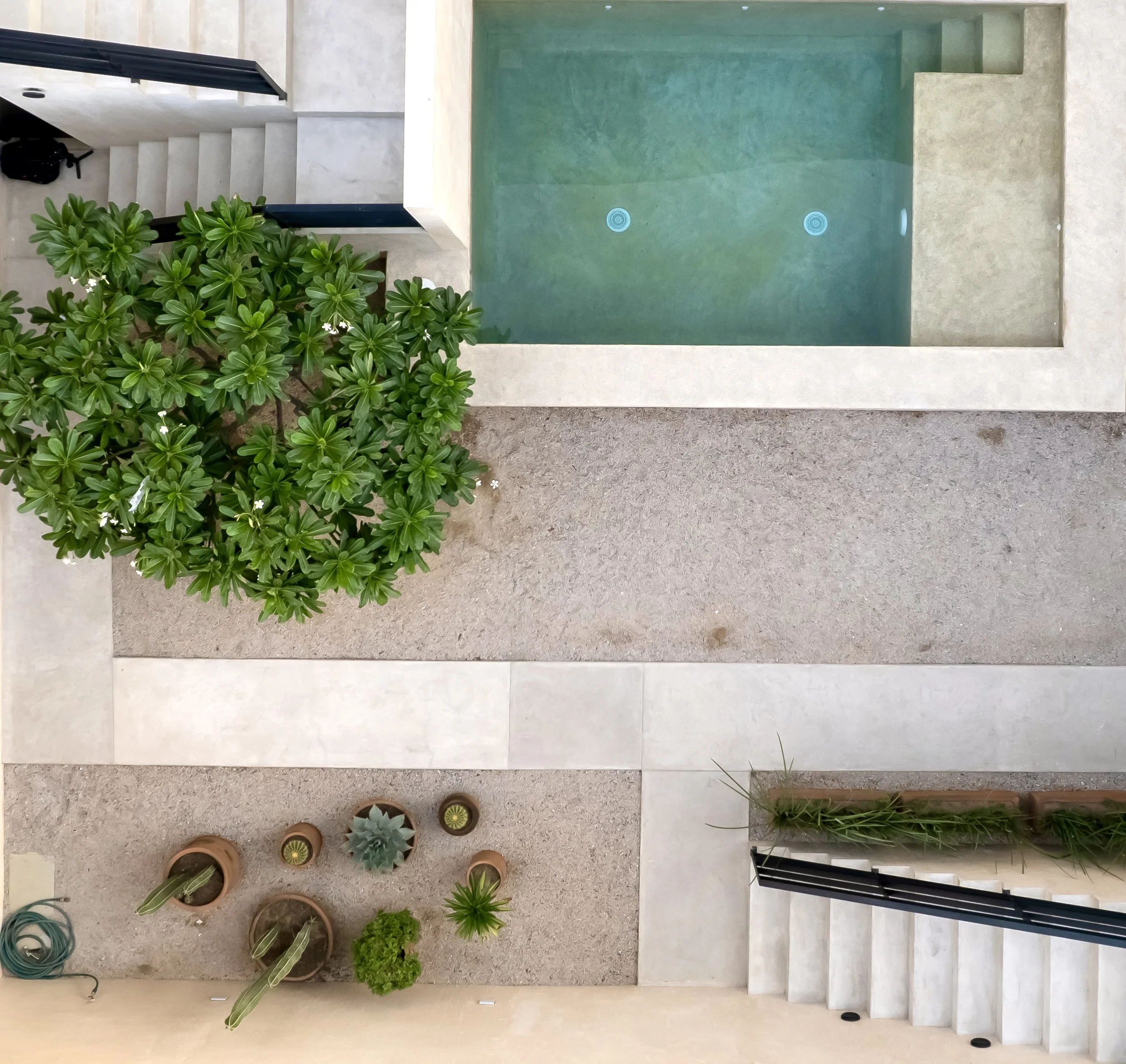 A view from above of a modern small rectangular pool with a concrete edge inside a patio area. The patio has light-colored tiles and potted plants, including succulents and a leafy shrub on the left side. A black metal staircase with handrails leads 