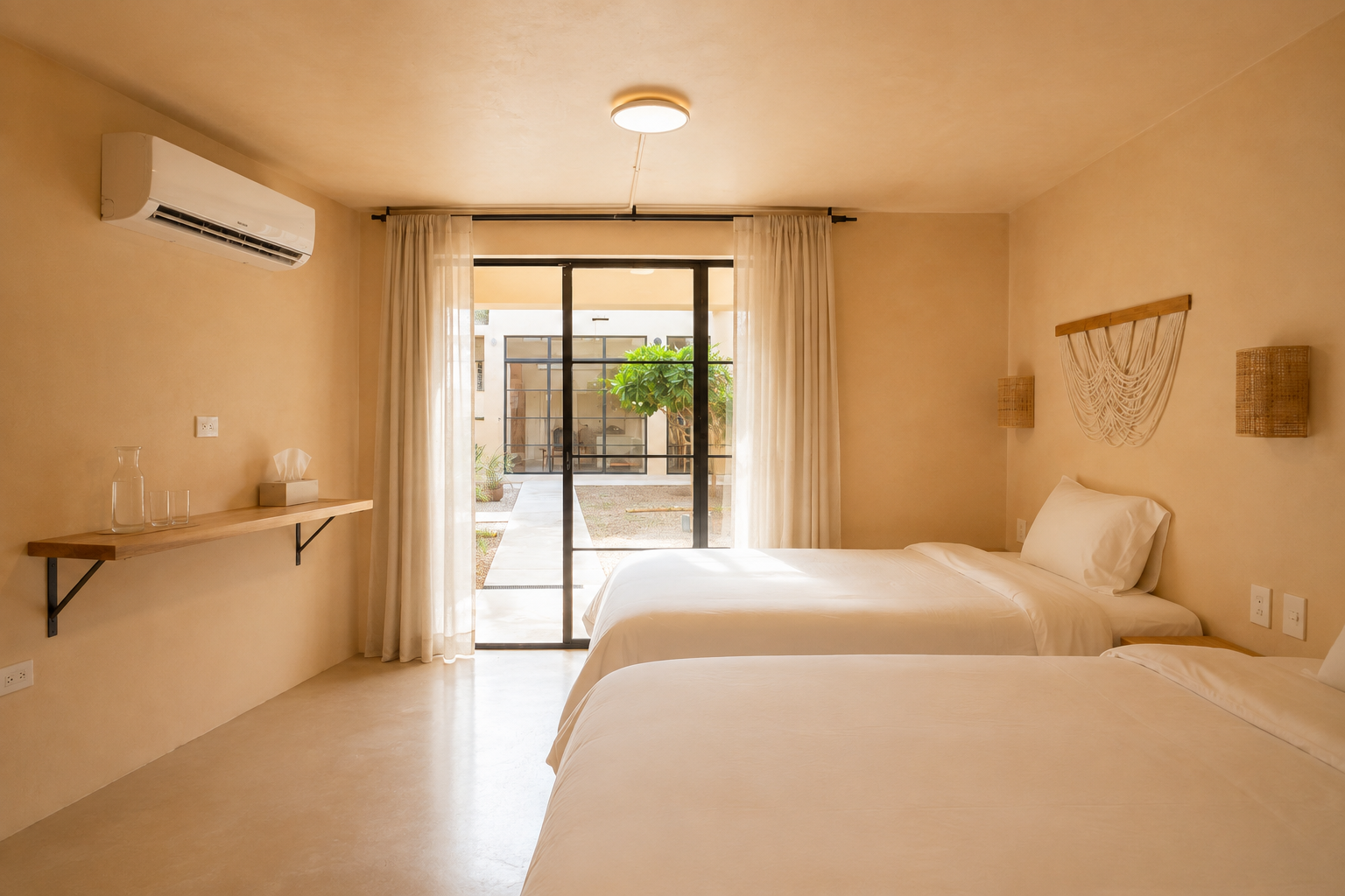 A hotel room with two beds, a sliding glass door leading to an outdoor patio, a wall-mounted air conditioning unit, and minimal decor including wicker wall art.