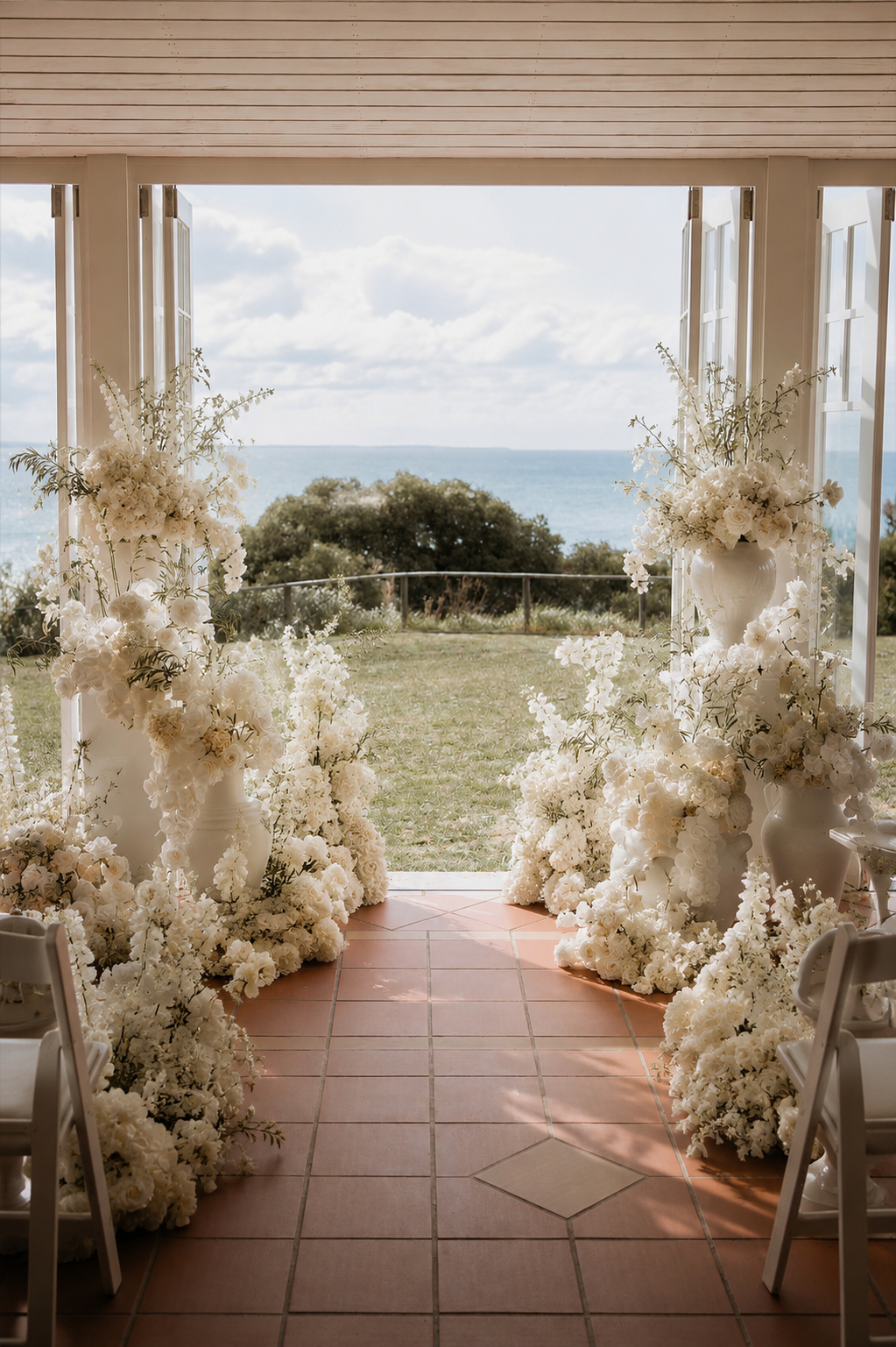 A wedding ceremony setup with white floral arrangements in vases, opening to a scenic view of the ocean and greenery outside.