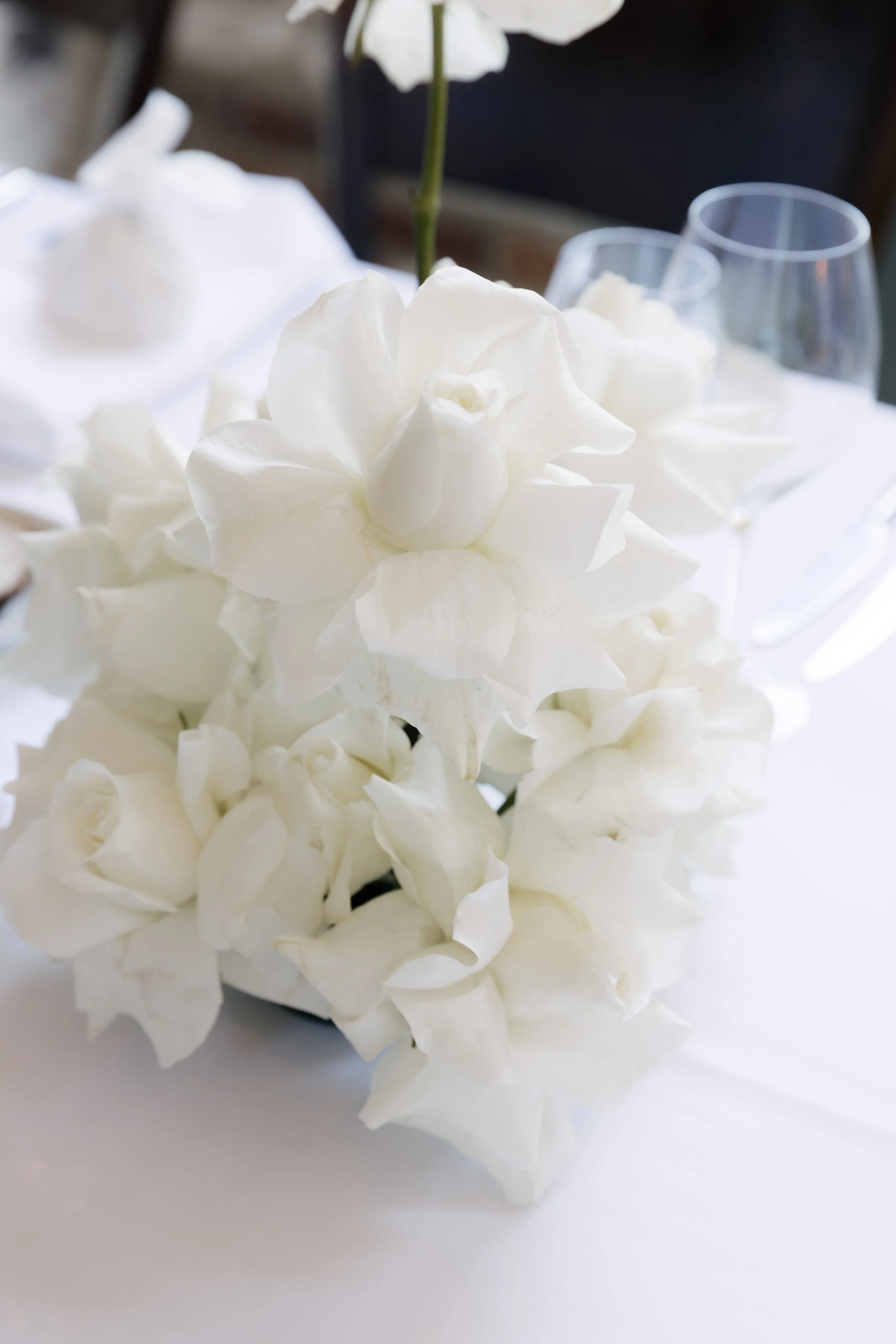 Close-up of white hydrangea flowers with two empty wine glasses in the background.