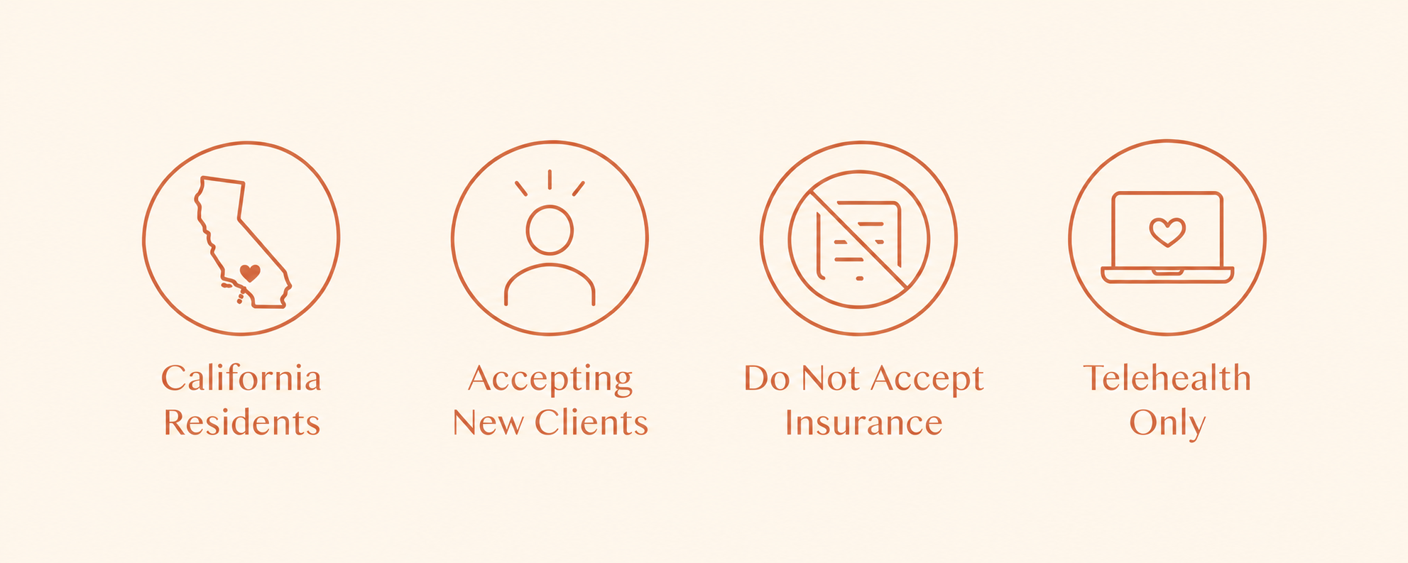 Icons indicating policies: California residents, accepting new clients, do not accept insurance, telehealth only.